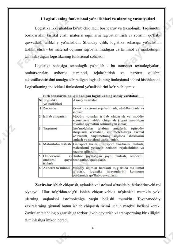 o'linishini oldindan belgilab qo'ydi. 2. logistik tizim tushunchasi va uning konsepsiyalari logistikaning maqsadi - eng kam mehnat va moddiy xarajatlar bilan yuklarni aynan vaqtida yetkazib berish. materiallar, xomashyo va tayyor mahsulotlarni aynan vaqtida yetkazib berish butun iqtisodiy tizimning ishlab turishiga qulay sharoit yaratadi, korxonalar omborlaridagi zahiralar miqdorini ancha kamaytirishga imkon beradi. logistika to’liq darajada iste’molchiga xizmat qiladi. shuning uchun logistika doirasida taqsimot va sotish vazifalari faqat bir vaqtda 6 shart mavjudligida amalga oshadi. bu shartlar - yuk, sifat, miqdor, vaqt, xarajatlar va yetkazish joyi. bu ishlarning bir vaqtda mavjud bo’lishi uchun materiallar oqimini qulaylashtirish kerak, tara va o’rashni ixchamlashtirish bo’yicha, yuk birliklarini unifikatsiyalash bo’yicha (ya’ni yuk tashishda paket va konteynerlardan foydalanish), samarali omborxonalar tizimini tuzish bo’yicha, buyurtmalar miqdorini va zaxiralar darajasini qulaylashtirish bo’yicha, yuklarni tashishda eng foydali marshrutlarni belgilash bo’yicha chora-tadbirlar amalga oshirilishi kerak. logistik tizim- u yeki bu logistik funksiyalarini bajaruvchi teskari aloqali adaptiv tizim. qoida buyicha u bir …