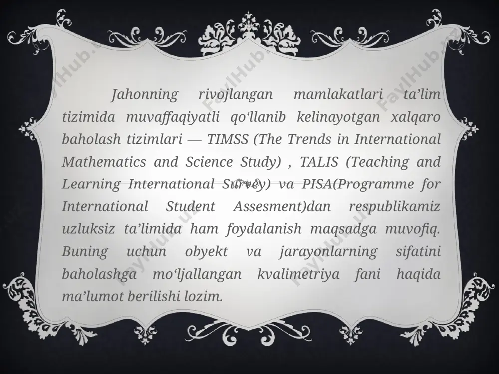 elgilaydigan ko‘rsatkichlarni aniqlagan va sifat belgilarini qo‘ya boshlagan. shu tariqa tovarshunoslik vujudga kelgan va 1549-yili italiyadagi paduan universitetida dastlabki “tovarshunoslik” kafedrasi tashkil etilgan. xx asr boshlarida aqsh va yevropa mamlakatlarida obyekt va mahsulotlarni ballar vositasida baholash va standartlashtirish yo‘lga qo‘yildi. shu tariqa boshqa mamlakatlarda ham sifat ko‘rsatkichlarini aniqlash va amaliyotda qo‘llash borasida muayyan ishlar amalga oshirila boshlandi. bu harakatlar kvalimetriyaning ilmiy fan sifatida maydonga chiqishiga va tadqiqot ko‘lami kengayishiga turtki bo‘ldi. kvalimetriyaning uchta — nazariy (umumiy), maxsus va amaliy tarmoqlari mavjud. pedagogik kvalimetriyaning fan sifatida shakllanishi hamda rivojlanish tarixini shartli ravishda uch davrga bo‘lib o‘rganish mumkin: 1. ilk o‘rta va o‘rta asrlar, ya’ni hali ilmiy asoslanmagan, empirik rivojlanish davri. 2. xvi — xix asr oxiri — ta’lim-tarbiya jarayonining sifati bo‘yicha dastlabki tasavvur paydo bo‘lgan davr. 3. pedagogik kvalimetriyaning yangi va eng yangi rivojlanish davri, ya’ni ilmiy asoslangan, metodologik asoslari aniqlangan, nazariy, maxsus va amaliy tarmoqlariga, ilmiy o‘lchov parametrlariga ega davri. …