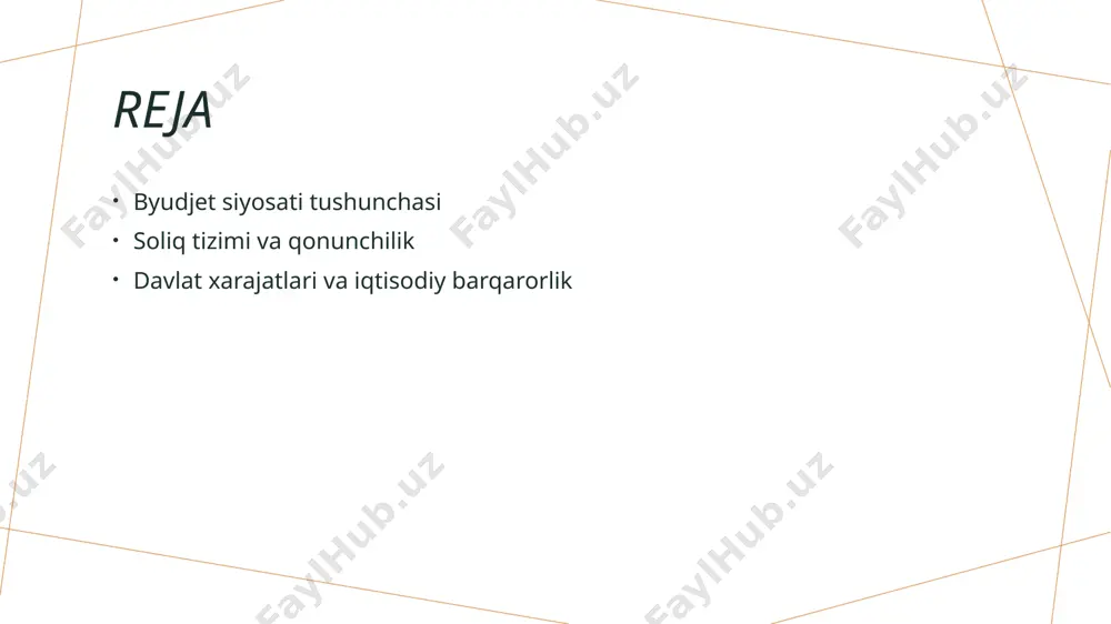 udjet siyosati yangilanishlar orqali iqtisodiy barqarorlikni oshirish, soliq tizimini modernizatsiya qilish va ijtimoiy adolatni ta'minlashga qaratilgan. soliq tizimining asosiy tamoyillari va ularning iqtisodiy ta'siri. 1 soliq tizimining asoslari soliq tizimi davlatning moliyaviy resurslarini boshqarishning asosiy vositasidir, u iqtisodiy o'sishni va ijtimoiy barqarorlikni ta'minlaydi. 2 soliqlarning turlari o'zbekistonda to'lovlar daromad, qo'shilgan qiymat, mulk va boshqa turli soliqlar ko'rinishida mavjud bo'lib, ularning har biri muhim rol o'ynaydi. 3 iqtisodiy ta'sir soliq tizimining samarali ishlashi iqtisodiy faoliyatni rag'batlantiradi, investitsiyalarni oshiradi va davlat xarajatlarini optimallashtiradi, natijada barqaror o'sishga xizmat qiladi. o'zbekistondagi soliq qonunchiligi: yangiliklar va o'zgarishlar. o'zbekistondagi soliq qonunchiligida so'nggi yillarda bir qator muhim yangiliklar va o'zgarishlar amalga oshirildi. yangi soliq qonunlari, raqamli tizimlar orqali soliq to'lovini osonlashtirish va tadbirkorlikni rag'batlantirish maqsadida qabul qilindi. • soliq stavkalarining kamaytirilishi. • soliq imtiyozlarining kengaytirilishi. • raqamli platformalar orqali soliq to'lovlarini amalga oshirish. photo by jakub żerdzicki on unsplash davlat soliq siyosati va uning jamiyatga ta'siri. davlat …