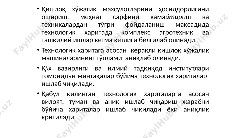 қлаш; машиналарни технологик созлаш, яъни машиналарнинг ишчи органларини махсус майдончада ростлаш; агрегатларнинг тўғри ростланганлигини пайкалда ишлатиб текшириш киради. далани ишга тайёрлаш далани ишга тайёрлашга қуйидагилар: - ишларнинг бажарилиш сифатини пасайтириши ва агрегатлардан фойдаланиш шароитларини ёмонлаштириши мумкин бўлган тўсиқларни бартараф этиш; - агрегатнинг ҳаракат усулини танлаш ва бунга қараб пайкалларнинг жойлашишини аниқлаш; - агрегатнинг бурилиш йўлакларини нишон қозиқлар ёрдамида тайёрлаш ва белги эгатларни олиш; - бурилиш йўлакларидаги ва пайкал бурчакларидаги ҳосилни ўриб олиш; агрегатнинг биринчи ўтиш йўлини белгилаш ишлари киради. 8 /docprops/thumbnail.jpeg