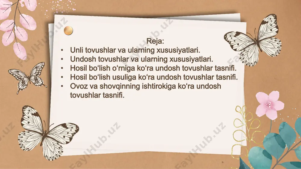 moshi yolg‘iz o‘zi so‘z hosil qila olmaydi urg‘u va uning turlari urg‘uning turlari so‘z urg‘usi gap urg‘usi (frazaviy urg'u, ma'no urg'usi, logik urg'u, mantiqiy urg'u) soʻz bo'ginlaridan birining boshqalaridan kuchliroq, cho'ziqroq talaffuz qilinishiga so'z urg'usi deyiladi. gap tarkibidagi bolaklardan birining boshqalaridan kuchliroq. boshgalariga nisbatan kuchliroq, ajratib, ta'kidlab talaffuz qilinishiga gap urg‘usi deyiladi. soʻz urgusi ma’no farqlash uchun ham xizmat qiladi bog‘lár (ot: bog'lar bahorda yanada go'zallashadi) - bóg'lar (fe'l: u, balki, siz bilan do'stlik rishtasini bog‘lar); hózir (ravish: u hozir daladan keldi) - hozír (muhayyo, tayyor: oʻroqda yoʻq, mashoqda yo'q, xirmonda hozir); yangí (sifat: yangi kiyim) - yángi (ravish: yangi keldi); etík (ot: mening etigim) - étik (sifat: etik - axlogiy me'yorlar); gap urg‘usi gap urg‘usi tushgan bo‘lak gap urg‘usiga qarab gap mazmunining o‘zgarishi biz bugun kutubxonaga boramiz. boshqa joyga emas, kutubxonaga borishimiz haqida gap ketyapti. biz kutubxonaga bugun boramiz. boshqa kuni emas, bugun borishimiz haqida gap ketyapti. bugun kutubxonaga …