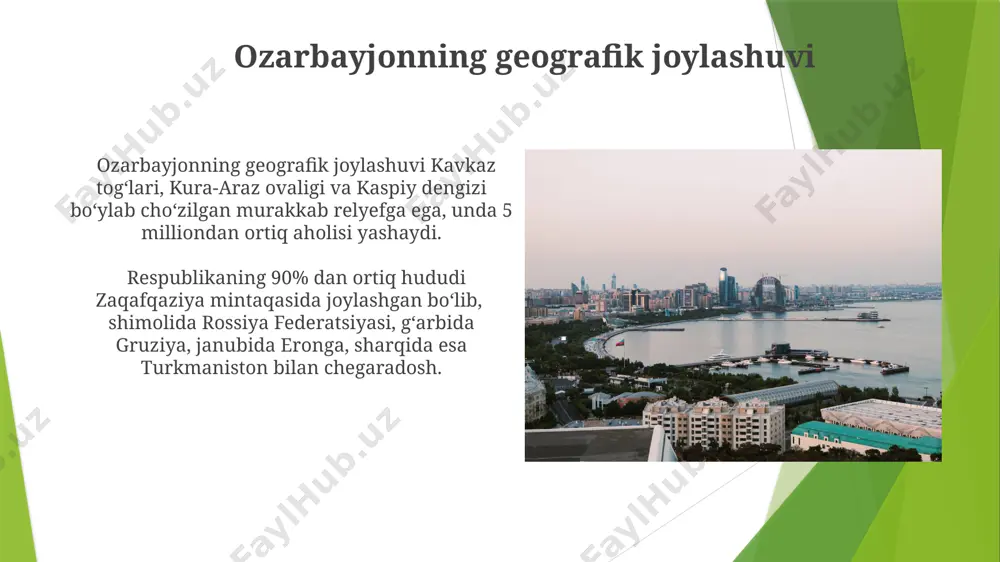 adi. ozarbayjon va oʻzbekiston oʻrtasida 2022-yilda savdo aylanmasi 500 million aqsh dollaridan oshdi, bu ikki mamlakat oʻrtasidagi iqtisodiy munosabatlarning rivojlanishini koʻrsatadi. madaniyat va an'analar ozarbayjon gilam to'qish san'ati, unesconing nomoddiy madaniy merosi ro'yxatiga kiritilgan bo'lib, minglab yillar davomida 50 dan ortiq turli naqsh va ranglarda to'qilgan gilamlar yaratilgan. ozarbayjon milliy musiqasi, mugom, 12 ta asosiy modal rejimga ega bo'lib, bu musiqiy an'analarining boyligi va murakkabligini aks ettiradi, bu asrlar davomida bakı va shusha shaharlarida rivojlangan. e'tiboringiz uchun rahmat @taqdimot_robot image1.jpg image2.jpg image3.jpg image4.jpg image5.jpg image6.jpg image7.jpg image8.jpg image9.jpg image10.jpg image11.jpg image12.jpg