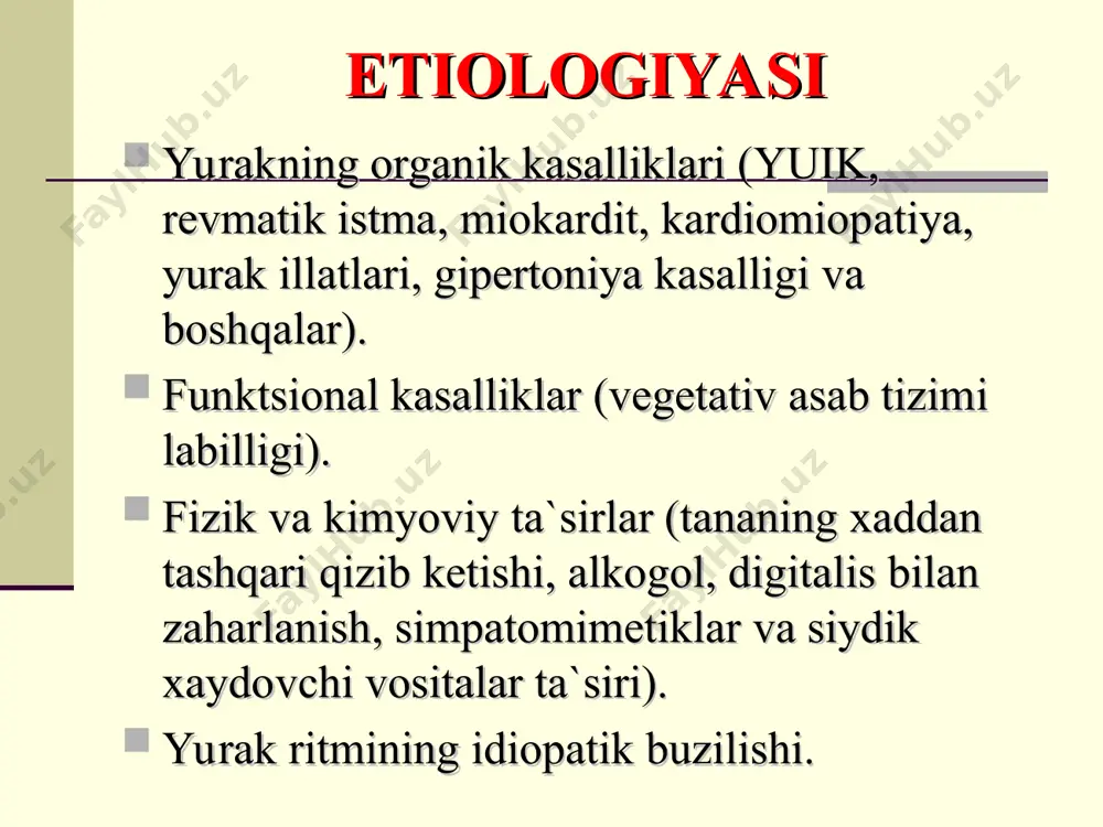 lib kelishi tufayli ekgda aniqlanmasligi. noto’liq kompensator pauza. qorinchalar ekstrasistoliyasi 5 xil ekg o’zgarish kuzatiladi. navbatdan tashqari shakli o’zgargan qrs kompleksining paydo bo’lishi. 2. qrs kompleksning deformatsiyalanganligi va davomiyligining 0,12 sekunddan uzayganligi. 3. segment s – t va t tishcha ekstrasistolik kompleksning asosiy tishchasiga teskari (diskordant) yo‘nalgan bo‘lishi. 4. qorinchalar ekstrasistoliyasi oldida p tishchaning bo’lmasligi. 5. qorinchalar ekstrasistoliyasidan keyin to’liq kompensator pauza bo’lishi. qоrinchаlаr ekstrаsistоliyasi alloritmiya — bu ekstrasistoliya va yurak normal ritmini to‘g‘ri ketma ketlikda kelishidir: 1) bigeminiya (xar bir normal yurak qisqarishidan keyin es); 2) trigeminiya (har 2 ta normal yurak qisqarishidan keyin es); 3) kvadrigeminiya va b. monotop es — bitta ektopik o‘choqdan chiqqan es. politop es — bir nechta ektopik o‘choqdan chiqqan es. guruhli ekstrasistoliya — ekg da 3 va undan ortiq es ni ketma - ket kelishi. allorhythmia is a regular alternation of extrasystoles and normal contractions: 1) bigeminy (every normal after reduction should es), …