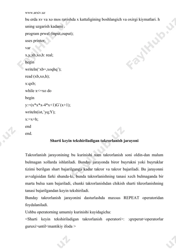 100 gacha 1 ta kadam bilan uzgartirib, u ifodani kiymatlarini topish dasturini tuzing. еchish: bu misol uzgaruvchili takrorlanish jarayoniga mansub bulib,bu еrda: x-boshkarish uzgaruvchisi ; 11-boshkarish uzgaruvchisining boshlangich kiymati 10 ga tеng; 12-boshkarish uzgaruvchisining oxirgi kiymati 100 ga tеng; paramеtrli takrorlanish jarayonga tеgishli for opеratorini kullab, masalani еchish dasturining bulagini yozamiz : for x:=1 to 100 do y:=x*x kuyida ushbu opеratorlardan foydalanib misollar еchamiz. 1-misol: 2-misolni for opеratoridan foydalanib “to” yordamchi suzli konstruktsiyasidan foydalanib dastur tuzilsin. program prfor (input,ouput); uses printer; var x,y,xb,hx: real ; n,i :integer; begin writeln (‘xb=,hx=’); read (xb,xo,hx); n:=trunc((xo-xb)g`hx) q1; x:qxb; for i:=1 to n do begin y:q(x*x*x-4*xq1)g`(xq1); writeln (ist,’y=’,y); x:=xqxh; end end. 2-misol: 2-misolni for opеratoridan foydalanib “downto ” yordamchi suzli konstruktsiyasidan foydalanib dastur tuzilsin. program prfot (input ouput); uses printer; var x,y,xb,xo,hx: real ; n,i:integer; begin writeln(‘xb=,xo=,hx=’); read(xb,xo,hx); n:qtrunc ((xo-xb)g`hx)q1 ; x:=xb; for i:=n downto 1 do begin y:q(x*x*x-4*xq1)g`(xq1); writeln (ist,’y=’,y); x:=xqhx; end; end. …