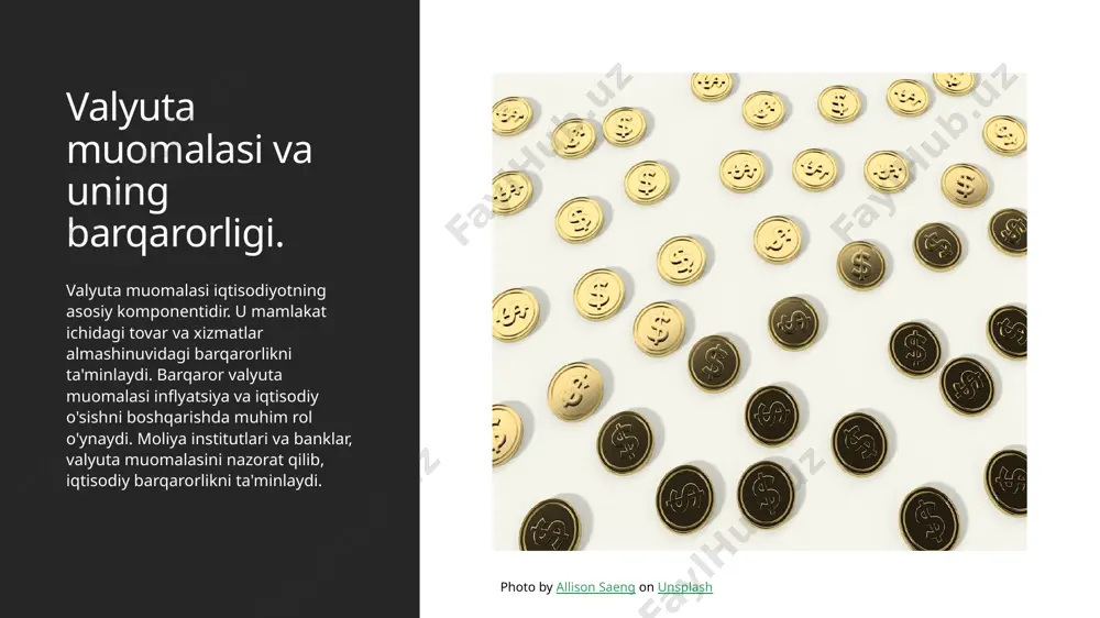 ining innovatsion yechimlar va raqamli transformatsiyadagi ahamiyati. 1 innovatsion yechimlar moliya institutlari innovatsion yechimlar yordamida raqamli xizmatlarni taklif etib, mijozlar uchun qulayliklar yaratmoqda va operatsion samaradorlikni oshirmoqda. 2 raqamli transformatsiya raqamli transformatsiya moliya institutlarining biznes-modellarini o'zgartirib, yangi imkoniyatlar va xizmatlarni taqdim etish orqali raqobatbardoshlikni oshiradi. 3 mijozlarga xizmat innovatsion texnologiyalar orqali moliya institutlari mijozlarga 24/7 xizmat ko'rsatish imkoniyatini yaratib, ularning ehtiyojlarini tez va samarali qondirmoqda. 4 moliyaviy barqarorlik raqamli yechimlar moliyaviy barqarorlikni ta'minlashda yordam beradi, chunki ular xavflarni kamaytirish va nazorat qilish jarayonlarini soddalashtiradi. xulosa pul muomalasi ahamiyati kredit tizimlari va o'sish banklar va moliya institutlari pul muomalasi iqtisodiy rivojlanishni ta'minlashda muhim rol o'ynaydi, davlatning iqtisodiy barqarorligini va aholi farovonligini oshirishda yordam beradi. kredit tizimlari iqtisodiy o'sishni rag'batlantiradi, investitsiyalarni jalb qilish va biznes rivojlanishini qo'llab-quvvatlash orqali mamlakat iqtisodiyoti uchun muhimdir. banklar va moliya institutlari moliyaviy barqarorlikni ta'minlash, tavakkalchiliklarni boshqarish va xalqaro iqtisodiy aloqalarni kuchaytirishda muhim ahamiyatga ega. e'tiboringiz uchun rahmat! …