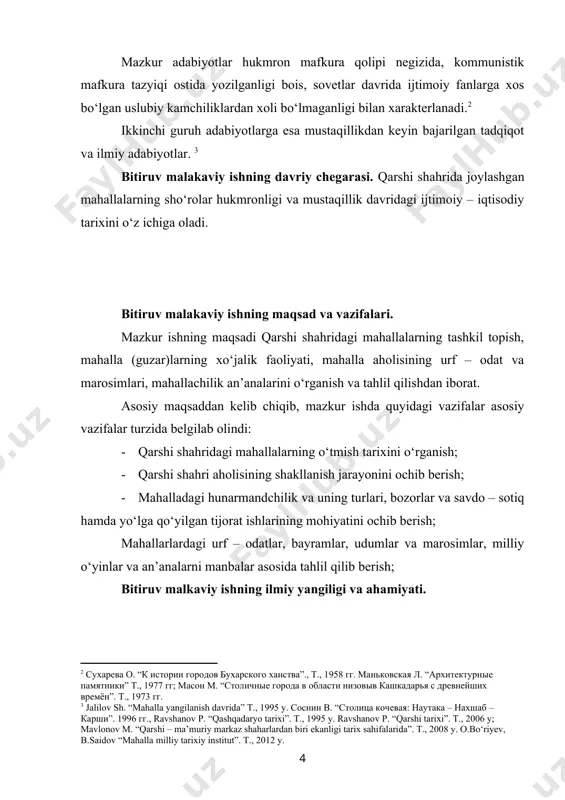 matnlari tayyorlashda foydalanish mumkin. ishning aprabasiyasi. bitiruv - malakaviy ish qarshi davlat universiteti tarix fakul’teti ”jahon tarixi va arxeologiya” kafedrasi qoshidagi ”yosh tarixchi” to’garagida ma’ruza qilingan va kafedra yig’ilishlarida muhokamadan o’tgan. bitiruv malakaviy ishning tuzilishi. bitiruv malakaviy ish, ikki bob, to‘rt fasil, xulosa, foydalanilgan adabiyotlar ro‘yxatidan iborat. 1. qarshi shahri maxallalari tarixidan. 1. 1. mahalla (guzor) lar tarixidan. moziy tarix sahifalarining guvohlik berishicha, mahalla tarixi ancha uzoq o‘tmishga borib taqaladigan, kattayu-kichikning, yoshu-qarining lavozimidan qat’iy-nazar barchaning birdek vatanidir. mahalla azaldan ezgulik beshigi, tarbiya o‘chog‘i, milliy udumlar va an’analar shakllanadigan maskan bo‘lib kelgan. bu go‘sha inson tarbiyasida ayniqsa muhim rol o‘ynaydi. “bag‘rikenglik o‘zaro mehr-oqibat singari noyob insoniy fazilatlar aynan mahalla muhitida kamol topadi. shu ma’noda mahallani o‘zini-o‘zi boshqarish maktabi, ta’bir joiz bo‘lsa, demokratiya darsxonasi deb atash mumkin”. demokratiyaning eng ko‘p tarqalgan shakllaridan biri fuqarolarning o‘zini-o‘zi boshqarish hisoblanadi. o‘zbekistonda fuqarolarning o‘zini-o‘zi boshqarish tizimining asosiy bo‘g‘inini mahallalar tashkil qiladi. eng qadimgi qadriyatlarimizdang hisoblangan, xalqimizning …