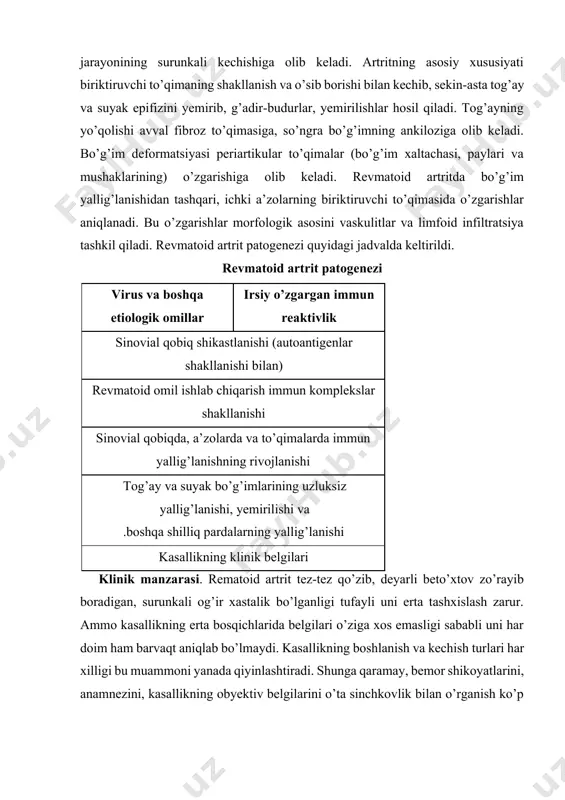 asallik boshlanishida mayda bo’g’imlar, ko’proq bilak, kaft-panja va falangalar, kamroq hollarda oyoq kaft-panjasi va falangalararo bo’g’imlar shikastlanganligi sababli shu bo’g’imlarda og’riq paydo bo’ladi. og’riq kunning ikkinchi yarimi va ertalab kuchliroq bo’lib, kun davomida, ayniqsa, kechga borib kamayadi. ba’zi bemorlarda og’riq o’rindan turgandan so’ng 20—30 minutdan keyin kamayib borib, yo’qolishi, ba’zilarda kun bo’yi bezovta qilishi mumkin. og’riq kasallik rivojlangan sari asta-sekin kuchayib boradi. kasallik kuchli qo’ziganda og’riq tun bo’yi bezovta qilishi mumkin. og’riq harakat qilganda kuchayadi. og’riq shikastlangan bo’g’imlarda o’zgarmas, doimiy bo’lib, bo’g’imdan bo’g’imga ko’chib yurmaydi, bo’g’im va uning atrofidagi to’qimalar yallig’langanligi va og’riq bo’lganligi sababli ular harakati cheklanganligi kuzatiladi. bemorlarda ertalab „uyg’onganda o’zini qolipdagidek yoki taqalangandek” sezib, butun tana harakati cheklanganligi kuzatiladi. kamroq hollarda (15—20%) revmatoid artrit bitta yoki ikkita bo’g’imni shikastlash tarzida boshlanishi mumkin. bu holda bilak, tirsak, tovon bo’g’imlari shikastlanishi mumkin. yelka, ko’ks va umurtqa bo’g’imlari deyarli shikastlanmaydi. bu bo’g’imlarda og’riq kasallikning oxirgi bosqichlarida kuzatiladi. kasallik uzoq davom …