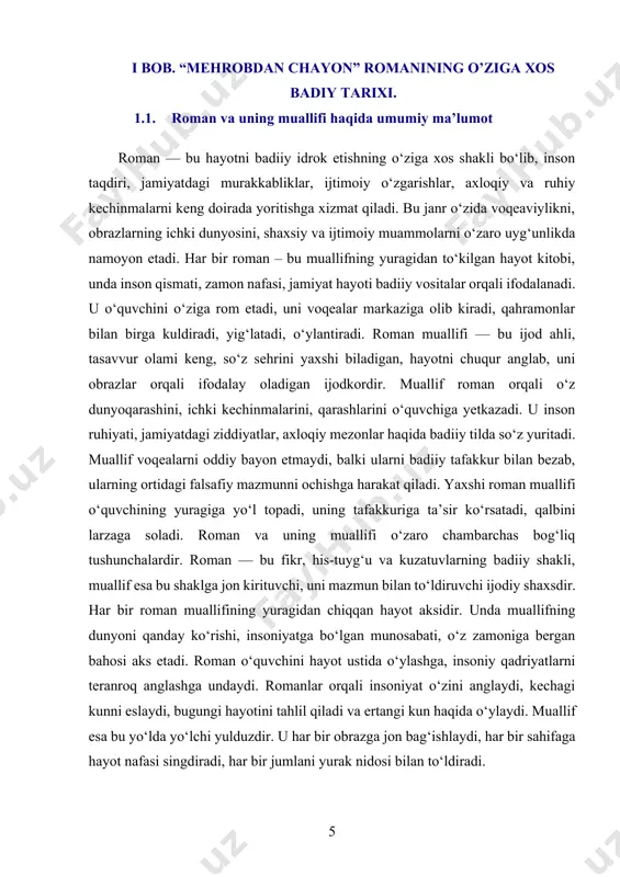 aydi, orzular sinovdan o‘tadi. bu olamni yaratgan muallif esa xuddi yaratuvchidek, har bir detalni puxta o‘ylaydi, har bir obrazga chuqur mazmun yuklaydi. roman muallifi har bir satrda o‘quvchini hayot haqidagi yangi tafakkur sari yetaklaydi. uning asari orqali biz begona bo‘lgan dunyolarni anglaymiz, o‘tmishga sayohat qilamiz, kelajak haqida orzu qilamiz. roman bizga faqat hikoya emas, balki ruhiy tarbiya, axloqiy saboq, falsafiy qarash va hayotiy tajriba beradi. roman va uning muallifi orasidagi bog‘liqlik chuqur va ajralmasdir. har bir roman muallif yuragining ovozi, dunyoni ko‘rish uslubi, ichki alam va quvonchlarining in’ikosi bo‘lib, asar sahifalarida jonlanadi. shu bois roman — bu bir insonning, ba’zida esa butun bir xalqning ichki ovozi, uning o‘tmishi, buguni va ertangi orzularining badiiy ifodasidir. roman – bu inson qalbining nozik ohanglarini, hayotning murakkab burilishlarini, jamiyatdagi to‘lqinli o‘zgarishlarni san’atkorona tarzda ifodalovchi adabiy janrdir. har bir roman – bu yolg‘iz bir hayot emas, balki yuzlab taqdirlar to‘qnashuvi, ichki kechinmalar va tashqi olamning …