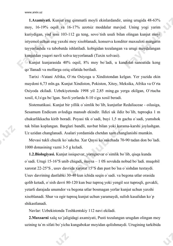un yaxshi xisoblanadi. shur va ogir tuproq kunjut uchun yaramaydi, sulish kasalidan ko`p shikastlanadi. navlar: uzbekistonda toshkentskiy 112 navi ekiladi. 2.maxsarni xalq xo`jaligidagi axamiyati, pusti tozalangan urugdan olingan moy uzining ta`m sifati bo`yicha kungabokar moyidan qolishmaydi. urugining tarkibida 17-37% yarim kuriydigan och-sarik rangli moy bo`ladi. moyi oziq-ovqatda, margarin tayyorlashda xamda texnikada qo`llanadi, alifmoy, sovun va boshqa maxsulotlar tayyorlanadi, kunjarasi achchik bo`ladi, shuning uchun ugit sifatida ishlatiladi. lalmi yerlarda pichan, kukat va silos uchun ekiladi, uni tuyalar, kuylar va koramol yaxshi yeydi. maxsar ekilgan maydon korakul kuylari uchun yaxshi yaylov xisoblanadi. tarixi - maxsarning vatani - afgoniston. u xindistonda birlashgan arab respublikasi, eron, o`rta va janubiy amerikada ekiladi. uzbekistonda 1998 yil 40 ming ga ekilgan. lalmi yerlarda 3-4s\ga urug va 45-60s\ga.kukat olinadi yoki 16-23s\ga pichan olinadi. sistematikasi. maxsar murakkabguldoshlar astegaseaye oilasiga va carthamus tinctoriys avlodiga va turiga mansub bir yillik o`simlikdir. ildizi ukildiz, kuchli darajada shoxlangan bo`lib, tuproqka ikki metrgacha chukurlikka …