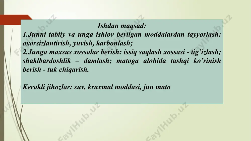 riladi, so‟ng yuviladi. karbonlash - jundan o‘simlik qoldiqlarni chiqarish uchun olib boriladi. jun 3-6% h2so4 eritmasi bilan shimdiriladi, 70-100% li siqiladi, 800c da quritiladi va 5 daq davomida 110-1150c da ishlov beriladi. bunday sharoitda (konsentrlangan h2so4 va harorat) o‘simlik sellyulozasi chuqur destruksiyaga uchraydi, jun keratini deyarli o‘zgarmaydi. mo‘rt holatga o‟tgan o‟simlik qoldiqlari mexanik ta'sir yordamida toladan chiqariladi. karbonlashdan so‟ng mato sovuq suvda yuviladi, 2% li na2co3 eritmasi bilan neytrallanadi va yana yuviladi. tig‘izlash - (valka) jarayoni jun tolasining quyidagi uch xossasiga: tangasimonligi, elastikligi va buramaliligiga asoslangan. tig`izlanish jun tolalarining mexanik ta'sir ostida matodagi harakatlanishi natijasidir. jun tolasining tig`izlanish qobiliyati kuchsiz ishqoriy muhitda 400c dan yuqori bo‟ladi. tig`izlanish natijasida junli mato bo‟yiga va eniga kirishib, qalinlashadi va issiq saqlash qobiliyati, qalinligi ortadi. tuk chiqarish jarayoning maqsadi mato yuzasiga yumshoq tukli qatlam chiqarish, issiq saqlash qobilyatini oshirish, to‟qima iplarini berkitishdir. tuk chiqarish ignali yoki dumboqli mashinalarda olib boriladi. damlash - (zavarka) va …