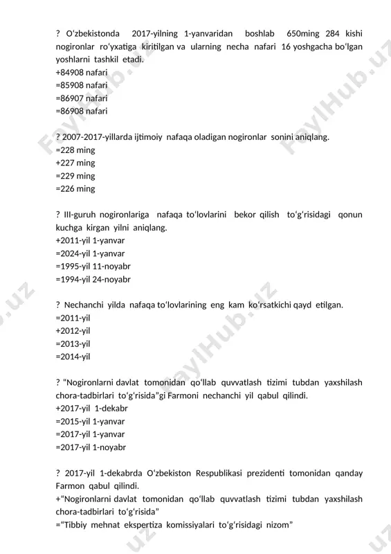 qda? +barcha javoblar to’g’ri =imkoniyatlari cheklangan bolalar =alohida ehtiyojli bolalar =maxsus yordamga muhtoj bolalar ? kompensatsiya-bu... +bir analizatorning faoliyatini boshqa analizatorga yuklash =yordamchi maktab o‘quvchilari bilish faoliyatini o‘stirish =anomal bolalarni mustaqil hayotga tayyorlash =anomal bolalarni jamiyatga tiklash ? ijtimoiy adaptatsiya-bu... +anomal bolalarni jamiyatga moslashtirish =anomal bolalarni jamiyatga tiklash =anomaliyalarni tuzatish, korreksiyalash =anomaliyani kompensatsiya qilish ? ixtisoslashtirilgan tashkilotlarda korreksiya ishlari deganda nimani tushunasiz? +nuqsonlarni tuzatish, yumshatish =nuqsonlarni kompensatsiyalash =adaptatsiyani amalga oshirish =reabilitatsiya ishlari ? “ijtimoiy himoya yili” davlat dasturi qachon qabul qilingan? +2007-yil =2008-yil =2010-yil =2003-yil ? yunesko loyihasi asosida “ziyo” markazi umumta’lim maktablariga imkoniyati cheklangan bolalarni jalb etish o‘z faoliyatini qachon boshladi? +2004-yil =2006-yil =2003-yil =2010-yil ? “inklyuziv” so‘zi qaysi tildan olingan? +ingliz tilidan olingan bo‘lib, inclusive, inclusion–uyg‘unlashmoq, uyg‘unlashtirish, qamrab olmoq, qamrab olish ma’nolarini bildiradi. =lotin tilidan olingan bo’lib uyg‘unlashtirish, qamrab olmoq, qamrab olish ma’nolarini bildiradi. =fransuz tilidan olingan bo’lib uyg‘unlashmoq, qamrab olmoq, qamrab olish ma’nolarini bildiradi. =to`g`ri javob yo`q …