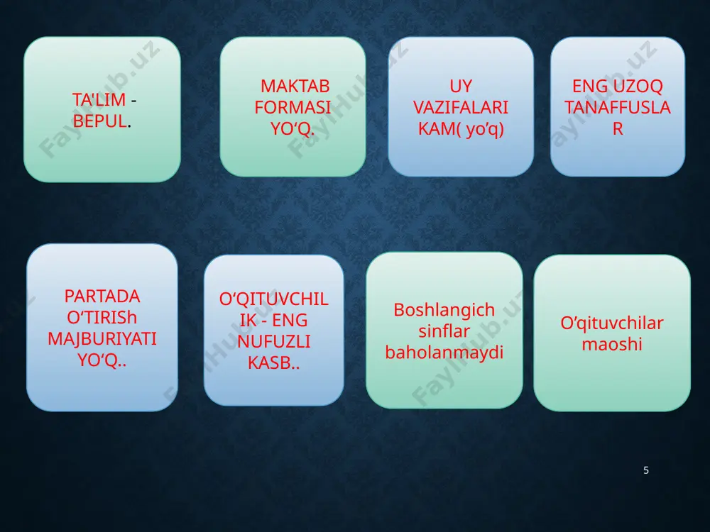 arsning davomiyligi 50 minutga teng. bu yerda ikki muhim jihatga to'xtalib o'tish zarur. oliy maktabga, albatta, kirish imtihonlari topshiriladi va o'qishlar pullik. 15 16 e’tiboringiz uchun rahmat! image2.jpg image3.gif image4.png image5.jpeg image6.gif