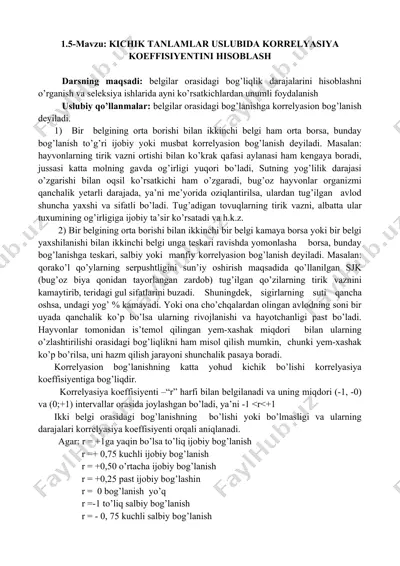 kichik tanlamalar uslubida korrelyasiya koeffitsiyentini hisoblash — DOCX