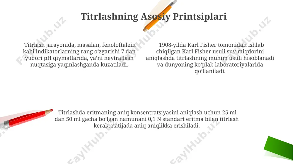 imol (mmol) yoki mikromol (µmol)dagi miqdori sifatida ifodalangan hajmiy konsentratsiyalardan foydalaniladi. hajmiy konsentratsiya, masalan, dori vositalarining tayyorlanishida, 100 ml eritmada 5 gramm faol modda bo'lishi kerak bo'lganda, aniq dozani olish uchun muhimdir. bu toshkent farmatsevtika zavodlarida keng qo'llaniladi. hajmiy konsentratsiya eritmaning 1 litrida erigan moddaning grammdagi miqdorini bildiradi, masalan, 250 ml suvda 10 gramm tuz eritmasining konsentratsiyasi 40 g/l ga teng bo'ladi. normal konsentratsiya o'zbekistonning kimyo sanoatida, masalan, 2 n naoh eritmasi yog'ochni qayta ishlash zavodlarida neytrallash jarayonlarida keng qo'llaniladi va bu eritmaning tayyorlanishi uchun aniq hisob-kitoblar va 1000 ml hajmli o'lchov kolbalari ishlatiladi. normal konsentratsiya, masalan, 1 n hcl eritmasida 1 litr eritmada 36,5 gramm tuz bo'ladi, bu esa bir valentli kislota bo'lgan xlorid kislotaning ekvivalent og'irligiga to'g'ri keladi va bu qiymat butun dunyo kimyogarlari tomonidan qabul qilingan standartdir. normal konsentratsiya tushunchasi 1800-yillarning oxirida, germaniyaning mashhur kimyogarlari tomonidan taklif qilingan va 1 mol/l dan farqli ravishda, reaktsiyada ishtirok etayotgan …