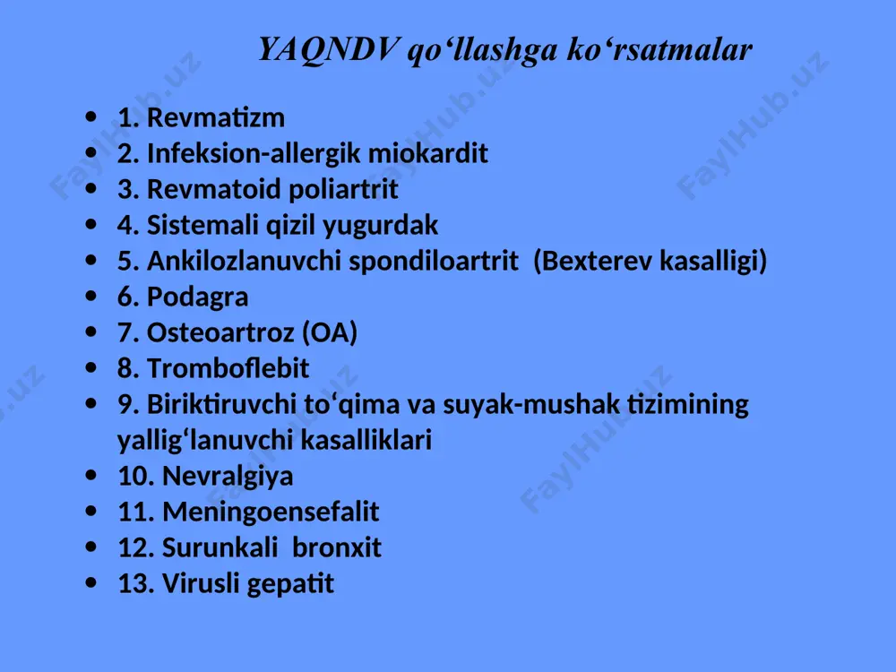 dermatit, allergikdermatitlar, brohialastma, organlartransplantatsiyasi)buyrakustibezietishmovchiligi(o‘rinbosuvchidavolashsifatida)turlietiologiyalishoshilinchholatlar(anafilaktikshok, turlietiologiyalishoklar, o‘pkashishi, astmatikstatus)