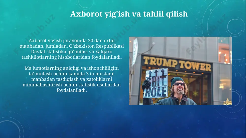 entda muhokama qilingandan so'ng, ochiq ovoz berish orqali tasdiqlangan. andijon viloyatida mahalliy kengashlar tomonidan qarorlarni qabul qilish jarayonida 3 bosqichli baholash tizimi qo'llaniladi, bu yerda jamoatchilik fikri ham hisobga olinadi. manbalarni baholash va tanlash siyosiy qaror qabul qilish jarayonida 10 dan ortiq manbadan ma'lumot olish, ularning 5 tasi xorijiy davlatlarning rasmiy hujjatlari bo'lishi tavsiya etiladi, masalan, aqsh davlat departamenti hisobotlari. turli xil manbalar, jumladan, statistik ma'lumotlar (masalan, jahon banki ma'lumotlari), ekspert fikrlari va ommaviy axborot vositalarining xabarlari, qaror qabul qilish jarayonida holatni to'liqroq aks ettirish uchun muhimdir. e'tiboringiz uchun rahmat @taqdimot_robot image3.png image4.jpg image5.jpg image6.jpg image7.jpg image8.jpg image9.jpg image10.jpg image11.jpg image12.jpg image13.jpg