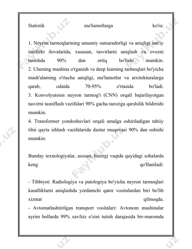 xopfill tarmog‘i ko‘plab sohalarda qo‘llanilishi mumkin, jumladan, xotira birligi sifatida, naqsh tanishni amalga oshirishda va ma'lumotlarni tozalashda. u asosiy ko‘rinishda asosan cheklangan miqdorda ma'lumotlarni saqlash uchun ishlatiladi. xopfill neyron tarmog‘ining xususiyatlari va texnik tavsifi — bu juda chuqur mavzu bo‘lib, uni tushunishda energiya funksiyalari va matematik modellarning roli muhim ahamiyatga ega. aniq ma'lumotlar va geometrik o‘lchovlar hozirda ushbu tarmoqlarni yanada samarali va keng qo‘llanishiga yordam bermoqda. 3. sinflashtirish algoritmlari asoslari 3. sinflashtirish algoritmlari - bu mashinani o'qitish va sun'iy intellekt sohasida muhim roldir. sinflashtirish algoritmlarining asoslari tushunchasiga kirish uchun, avvalo, sinflashtirishning o'zi nima ekanligini tushunish lozim. sinflashtirish algoritmlari yoki tasniflash algoritmlari ma'lumotlar to'plami ichidan sinf yoki kategoriya aniqlash vazifasini bajaradi. ushbu algoritmlar kirish ma'lumotlarini belgilangan sinflarga ajratadi. avvalo, sinflashtirish algoritmlari nazariy jihatdan uch turga bo'linishi mumkin: 1. **nazoratli o'qitish sinflashtirish algoritmlari** - bu algoritmlar mavjud ma'lumotlar asosida o'qitiladi, ya'ni ularga oldindan belgilangan sinf yorliqlari bilan ifodalangan o'quv ma'lumotlari beriladi. 2. …