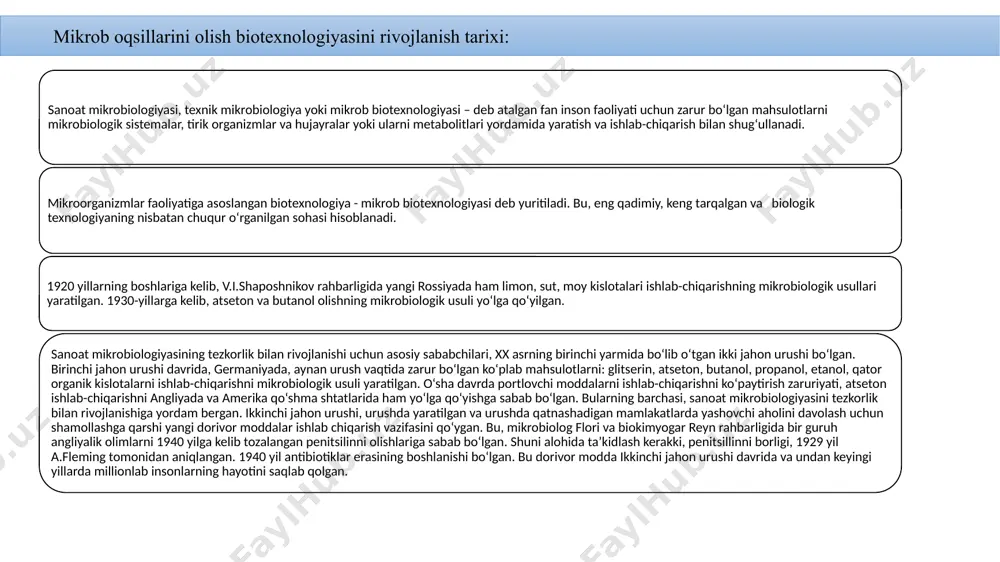 kislotasining tarkibini kamaytirish uchun issiqlik bilan ishlov berishdan o'tkaziladi, so'ngra mitseliy vakuum filtrlash orqali ajratiladi. mikrob oqsilini olishda ishlatiladigan bakteriyalar.  metan va havodan iborat bo‘lgan gaz muhiti yong‘inga o‘ta xavfli bo‘lganligi, hamda bakteriyalar tomonidan metanni to‘lig‘icha parchalash uchun jarayonni bir necha bor qaytarish zarurligi sababli gazsimon moddalardan oziq-ovqat oqsili tayyorlash o‘ta murakkab va qimmatbaho texnologiya hisoblanadi. metandan oqsidlash orqali olish mumkin bo‘lgan metanol asosida oqsil tayyorlash texnologiyasi ko‘proq ishlatiladi. metanol saqlovchi oziqa muhitida o‘stirish uchun methylomonas, pseudomonas, methylohillus avlodlariga kiruvchi bakteriyalar ishlatiladi. bu bakteriyalarni suyuq oziqa muhitida, oddiy fermentyorlarda o‘stiriladi.  oqsil moddalarni sintez qilish samaradorligi bo‘yicha vodorod oksidlaydigan bakteriyalarga yetadigani yo‘q. bu bakteriyalarni hujayralarida 80% gacha oqsil moddalar saqlanadi (quruq modda hisobidan). bu bakteriyalar karbonat angidridni ba’zi shtammlari esa hattoki, havodagi azotni utilizatsiya qilish uchun vodorodni oksidlanish energiyasidan foydalanadilar. vodorod oksidlaydigan bakteriyalarni o‘stirish uchun gazsimon oziqa, odatda 70-80% vodorod, 20-30% kislorod va 3-5% karbonat angidrid saqlaydi. bunday tarkibdagi …
