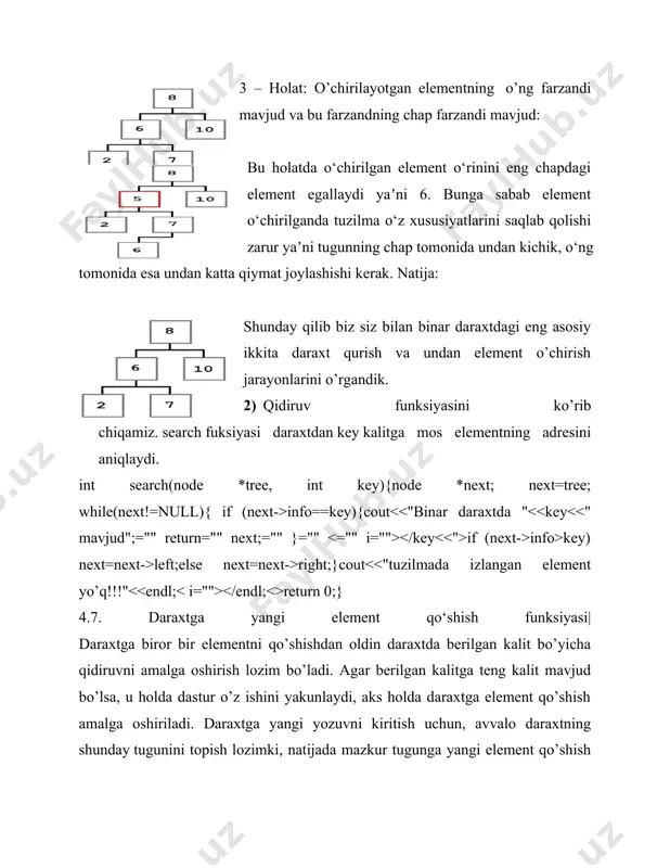 an) deyiladi, agar daraxtdagi har bir tugunning chap va o’ng qismdaraxtlari balandliklari farqi 1 tadan ko’p bo’lmasa. berilgan butun sonlar – kalitlar ketma-ketligidan binar daraxt yaratib olamiz va uni muvozanatlaymiz. daraxtni muvozanatlashdan maqsad, bunday daraxtga yangi element kiritish va daraxtdan element izlash algoritmi samaradorligini oshirishdan iborat, ya’ni bu amallarni bajarishdagi solishtirishlar soni kamayadi. binar daraxtni muvozanatlash algoritmi quyidagicha bo’ladi. algoritm 1. binar daraxtni yaratib olamiz. 2. binar daraxtni chapdan o’ngga ko’rikdan o’tkazamiz va tugunlarning info maydonlaridan a[..] massiv hosil qilamiz. tabiiyki, massiv o’sish bo’yicha tartiblangan bo’ladi. muvozanatlangan daraxtning tugunlarini belgilash uchun massivni ko’riladigan oralig’ini belgilab olamiz, ya’ni start=0 va end=n-1. 3. massivning ko’rilayotgan oralig’i o’rtasida joylashgan elementni, ya’ni mid=(start+end)/2 va a[mid] ni muvozanatlangan daraxtning tuguni qilib olinadi. agar ko’rilayotgan oraliqda bitta ham element qolmagan bo’lsa, ya’ni start>end bo’lsa, bajarilish joriy seansdan keyingisiga uzatiladi. 4. ko’rilayotgan tugunning chap qismdaraxtini hosil qilish uchun massivning ko’rilayotgan oralig’ining 1-yarmini olamiz, ya’ni start=0 va end=mid-1.3-5 …