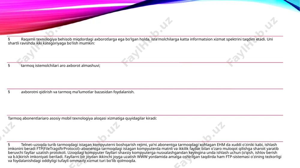 rida axborotni kompyuter va telekommunikatsiyalar yordamida qabul qilish, qayta ishlash, saqlash va uzatish bilan bog’liq bo‘lgan yagona sohadir. axborot texnologiyalarining takomillashtirilishi jamiyatni axborotlashtirishda muhim omil hisoblanadi. ma’lumki axborot texnologiyalari informatika qonun-qoidalari asosida takomillashtiriladi. bu fanda axborotlar, ularning xossalari, axborot tizimlari va vazifalari axborotni qayta ishlash, axborotlarning amaliy ahamiyati va boshqa xususiyatlari o‘rganiladi. bu fan matematika, fizika, kibernetika, informatika va boshqa qator fanlar bilan bevosita bog’liq. qo'l kuchi bilan harakatga keltirilgan moslamalarni elektr energiyasi yordamida amalga oshiruvchi elektromexanik hisoblash mashinalari paydo bo'la boshladi. bunday mashina loyihasi dastlab rossiyada yashab turgan shved olimi v.t.odner tomonidan 1875 yilda yaratildi. 1925 yilda v.bush elektr releda yig'ilgan hisoblash mashinasini yasadi va hayotga tadbiq etdi. elektron mashinalar davri. 1943-1945 yillarda birinchi bo'lib aqsh dagi pensilvaniya universitetida mouchli va ekkert 70 tonnaga yaqin og'irlikdagi 150 kvadrat metrli xonani egallaydigan va 18 mingta elektron lampaga ega bo'lgan o'lkan elektron hisoblash mashinasi « eniac » ni yaratdilar. bu bilan …