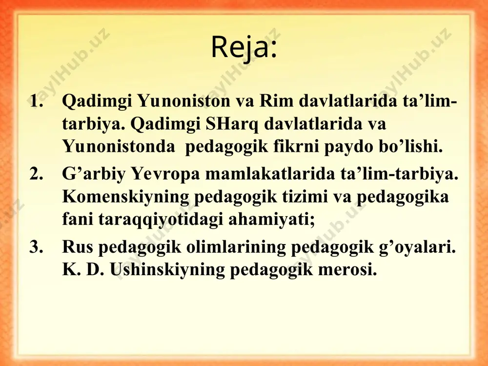 tashkil etilmog’i va hukmron guruhlarning — faylasuflar va jangchilarning manfaatlarini ko’zlamog’i lozim. platon o’zining pedagogika tizimida sparta va afina tizimining ba’zi bir belgilarini birlashtirishga intiladi. platonning fikricha, bolalar 3 yoshdan boshlab 6 yoshgacha davlat tomonidan tayinlab qo’yilgan tarbiyachilar rahbarligida maydonchalarda turli o’yinlar o’ynash bilan shug’ullanishlari muhim bo’lgan. platon o’yinlarni maktabgacha tarbiya vositasi deb hisoblab, ularga katta ahamiyat beradi, shuningdek, bolalarga hikoya qilib beriladigan materiallarni sinchiklab tanlash kerakligini ham uqtirib o’tadi. u bolalarga eng yoshlik chog’idanoq ijtimoiy tarbiya berish tarafdori edi. bolalar 7 yoshdan 12 yoshgacha davlat maktablariga qatnaydilar va bunday maktablarda ularga o’qish, yozish, hisob, musiqa va ashula o’rgatiladi. bolalar 12 yoshdan 16 yoshgacha odatdagi badantarbiya mashqlari o’rganiladigan palastrada, ya’ni jismoniy tarbiya maktabida o’qiydilar. platon ham xotin-qizlar tarbiyasi xususida fikr yuritib, spartadagi usulni ma’qullaydi. arastu o’g’il bolalar 7 yoshdan boshlab davlat maktabida o’qishi lozim, deb uqtiradi. bolalarga aqliy tarbiya berilishi kerakligini aytib, u o’g’il bolalar avvalo badantarbiya muallimlarining qo’liga topshirilsin, …