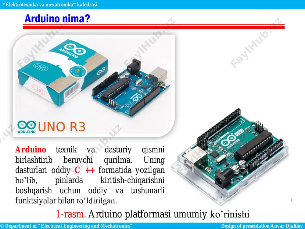ishlanadi va ma'lum bir buyruq bajariladi. arduino usb porti yoki tashqi quvvat manbaidan kuchlanish bilan ta’minlanadi. agar siz usb orqali emas tashqi quvvat manbai bilan kuchlanish bilan ta’minlash variantni tanlasangiz, batareyani yoki quvvat manbai (kuchlanish konvertori) ni ulashingiz mumkin. platforma manbadan kuchlanish bilan ta’minlangandan so’ng boshqa platadagi qurilmalar elektr tarmoqlari (simlar) orqali – platformaning vin va gnd pinlariga ulanadi. platforma alohida manbadan ta’minlanganda 7-12 v gacha kuchlanish bo’ladi. usb orqali quvvatlantirilganda + 5 v kuchlanish mavjud bo’ladi. © department of "electrical engineering and mechatronics" design of presentation anvar djalilov “elektrotexnika va mexatronika” kafedrasi arduino platformasi tizimining ishlash prinsipi 3-rasm. arduino platformasining quvvatlantirish portlari © department of "electrical engineering and mechatronics" design of presentation anvar djalilov “elektrotexnika va mexatronika” kafedrasi arduino platformasi tizimining ishlash prinsipi © department of "electrical engineering and mechatronics" design of presentation anvar djalilov “elektrotexnika va mexatronika” kafedrasi arduino dasturlash muhiti arduino ide (integrated development environment - integratsiyalashgan …