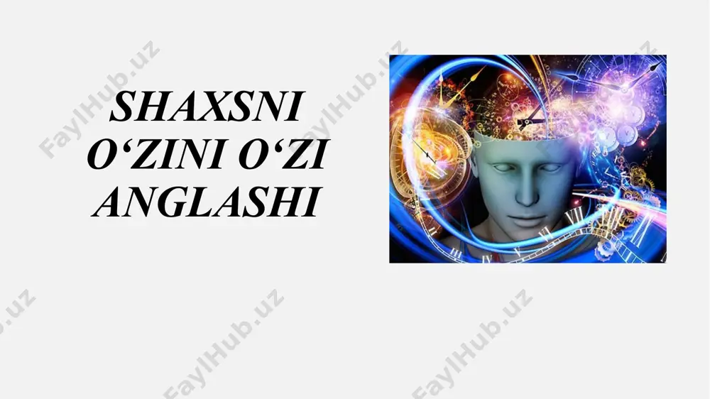 chlarini belgilaydi, ularning har biri ma'lum bir identifikatsiya inqirozlari bilan bog'liq. d. m. uinkott nazariyasi: uinkott o'z ishida "haqiqiy men" va "tasavvur qilingan menni" ko'rib chiqadi, bu esa men tushunchasi boshqalar bilan munosabatlar kontekstida qanday shakllanganligini tushunishga yordam beradi. g. x. mid: uning “men” va “boshqa” kontseptsiyasi o‘z-o‘zini identifikatsiyalash ijtimoiy o‘zaro ta’sir va jamiyat kontekstida o‘zini anglash orqali sodir bo‘lishini ta’kidlaydi. o‘zini o‘zi namoyon qilish (lat. actualis — haqiqiy) —insonning shaxsiy imkoniyatlarini to‘liq aniqlash va rivojlantirishga bo‘lgan istagi. bu muammo bo‘yicha a. maslou faol shug‘ullangan. «ehtiyojlar piramidasi"ga ko‘ra, o‘zini o‘zi anglash insonning eng yuqori ehtiyojidir. shuning uchun, inson o‘zini o‘zi namoyon qilishi uchun, avvalo, piramidaga muvofiq boshqa barcha ehtiyojlarni qondirishi kerak. fiziologik ehtiyojlar xavfsizlik ehtiyojlari: ijtimoiy ehtiyojlar: hurmatga bo'lgan ehtiyoj o'z-o'zini anglash ehtiyoji fiziologik ehtiyojlar: oziq-ovqat, suv, havo, issiqlik, uyqu va boshpana kabi yashash uchun zarur bo'lgan asosiy ehtiyojlar. xavfsizlik ehtiyojlari: fiziologik ehtiyojlarni qondirgandan so'ng, inson xavfsizlik va barqarorlikka intiladi. …