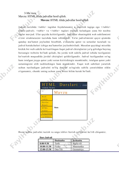 html tilida jadvallar hosil qilish — DOCX