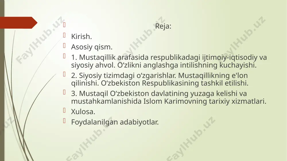 shi evaziga ittifoqdagi respublikalar suvereniteti ta‘minlanadimi degan masala dolzarb bo`lib qoldi ikkinchi tomondan, o`shadavrdagi markaziy davlat rahbariyati mamlakat ichkarisidagi vaziyatni to`g’ri baholay olmadi, milliy respublikalarda mustaqillikka erishish tabora kuchayib borayotganining oldini ololmay qoldi. 1990 yil boshida o`zbekistonda boshqaruvning prezidentlik shakli masalasi ko`tarildi respublikada boshqaruvning shunday shaklining joriy etilishi, avvalo, siyosiy, ijtimoiy-iqtisodiy, millatlar aro va boshqa sohalardagi muammolarni hal qilish jarayonini tezlashtirishga ko`maklashish vositasi sifatida joriy qilindi. eng muhimi, prezident muassasining joriy etilishi respublika uchun suverenitet va davlatchilikda mohiyat jihatidan yangi bosqichga o`tishni bildirar edi.alohida shuni ta‘kidlash kerakki, o`sha kezlari keng miqyosda tartib va intizomni, eng avvalo, boshqaruvning barcha darajalarida va jabhalarda ijro mexanizmini qayta qurishni tezlashtirish vazifalarini vaqtida hal etish, fuqarolar huquqlarini ximoya qiluvchi barcha muassasalarini nazorat qilish masalalari ham katta ahamiyat kasb etmoqda edi. shu ob‘ektiv holatni xisobga olib, 1990 yil 24 martda o`zbekiston oliy sovetining birinchi sessiyasi o`zbekiston tarixida birinchi marta prezidentlik lavozimini ta‘sis etish to`g’risida qaror qabul …
