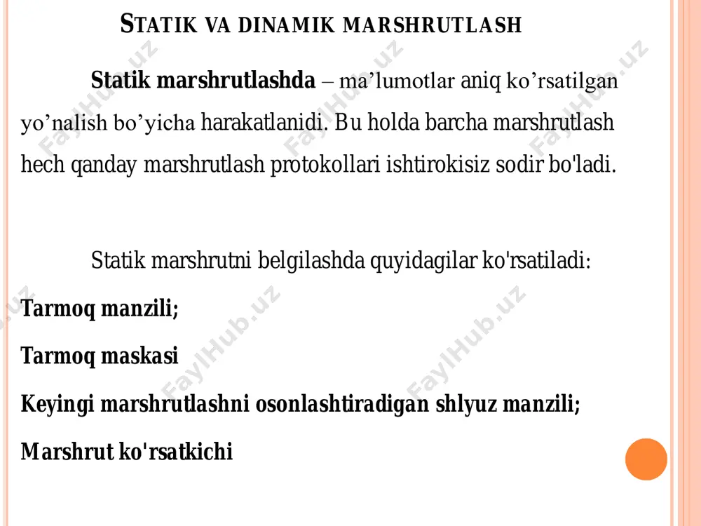 napryamuyu prisoedinennix k nemu liniy) bilan ma’lumotlarni almashlash yo’li bilan tugun oluvchigacha yoki oluvchilar guruhigacha eng kam narxli yo’lni aniqlaydi. misol “masofaviy-vektorli algoritm” hisoblanadi. bundan tashqari, barcha marshrutlashtirish algoritmlarini statik vadinamik algoritmlarga bo’lish mumkin. statik marshrutlashtirish algoritmida marshrutlar vaqt bo’yicha, ko’pincha insonning aralashuvi natijasida (masalan, tarmoq ma’muri marshrutizatorning ma’lumotlarini harakatlanishi jadvalini qo’lda tahrir qilishi mumkin) juda sekin o’zgaradi. dinamik algoritm davriy yoki topologiyaning yoki liniyalarning narxlarini o’zgarishiga javob tariqasida ishga tushishi mumkin. marshrutizator ma’lumotlarni uzatishi bo’yicha ikki guruxga bo’lingan, ularning xar biri quyidagi algoritmlar turi bilan bog’langan:  - masofa-vektor algoritmi (distance vector algorithms, dva).  - aloqa xolati algoritmi (link state algorithms, lsa). rip-masofa-vektor protokoli. routing information protocol (rip) ichki masofaviy vektorli marshrutlash protokoli. ma'lumot almashish bo'yicha dastlabki protokollardan biri bo'lib, uni amalga oshirish qulayligi tufayli kompyuter tarmoqlarida hali ham keng qo’llanilmoqda. rip versiyalari tcp/ip va novell ipx/spx tarmoqlari uchun mavjud. ospf (open shortest path first) ospf (open shortest …