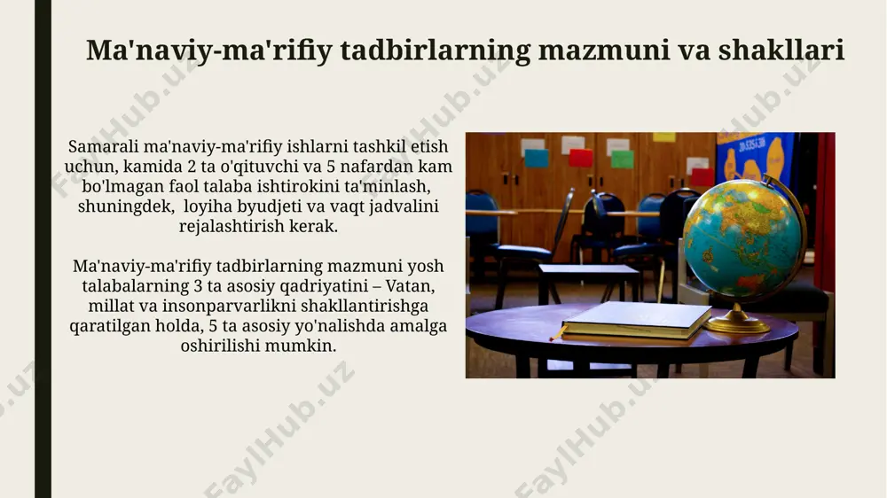 ing ma'naviy-axloqiy yetukligini baholashda kamida 5 ta mezonni qo'llaydi: bilim darajasi, axloqiy qarashlari, ijtimoiy faolligi, mustaqilligi va jamoatchilik bilan muloqoti. ma'naviy-axloqiy tarbiya jarayonida o'qituvchi 3 ta asosiy model orqali – shaxsiy namuna, o'quv materiallari va amaliy mashg'ulotlar orqali ta'sir ko'rsatadi, bu esa talabalarning 70% ga yaqinini qamrab oladi. talabalarning ma'naviy-axloqiy tarbiyasi: dolzarb muammolar talabalar orasida diniy ekstremizm va radikalizmning oldini olish bo'yicha profilaktik tadbirlar soni 2023 yilda 15% ga oshgan bo'lsa-da, bu ko'rsatkich hali ham yetarli emas va quyidagi yillar uchun yanada samarali strategiya talab etiladi. o'quv yurtlarida ma'naviy-axloqiy tarbiya ishlarini tashkil etishda kamida 5 ta asosiy yo'nalishni aniqlash va ular bo'yicha aniq dasturlarni ishlab chiqish muhim hisoblanadi. ma'naviy ishlarning natijadorligini oshirish yo'llari ma'naviy-ma'rifiy tadbirlarning samaradorligini oshirish uchun kamida 3 ta yo'nalish bo'yicha (milliy qadriyatlar, zamonaviy bilim va ko'nikmalar, ijtimoiy faollik) aniq maqsad va vazifalarni belgilash kerak. ma'naviy ishlarning natijadorligini baholashda savollar orqali (miqdoriy va sifatli) o'quvchilarning fikr-mulohazalarini hisobga olish …