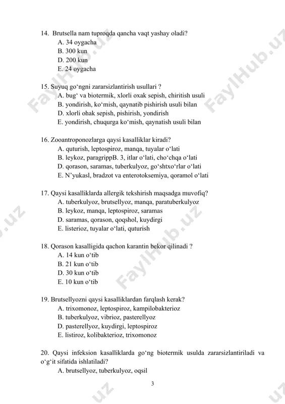 i kurash 25. dezinseksiya so‘zi nimani anglatadi? a. zararli hashoratlarga qarshi kurash b. kemiruvchilarga qarshi kurash d. kalamushlarga qarshi kurash e. yumronqoziqlarga qarshi kurash 26. tuberkulin preparati nima ? a. antigen b. vaksina d. vitamin e. giperimmun qonzardob 27. brutsellyoz qanday kechadi? a. surunkali b. o‘ta o‘tkir d. o‘tkir e. yarim o‘tkir 28. oqsil kasalligi qanday aniqlanadi? a. kbr, ifr, nr b. rp, ra, d. ra, kbr, ag e. ra, nr, rp 29. kemiruvchilarga qarshi kurash usullari ? a. kimyoviy, mexanik, biologik b. qiron keltirish, kimyoviy d. oldini olish, yondirish e. elektron, biologik, fizikaviy 30. quturish kasalligidagi shelkova. 55 vaksinasi necha oygacha organizmda immunitet saqlaydi? a. 24 oygacha b. 12 oygacha d. 36 oygacha e. 6 oygacha 31. qorasonga o‘ta moyillik qaysi yoshga to‘g‘ri keladi? a. 3 oydan 4 yoshgacha b. 2 oydan 4 yoshgacha d. 4 oydan 3 yoshgacha e. 3 oydan 1 yoshgacha 32. parrandalarni tuberkulinizasiyasi uchun qo‘llaniladigan …