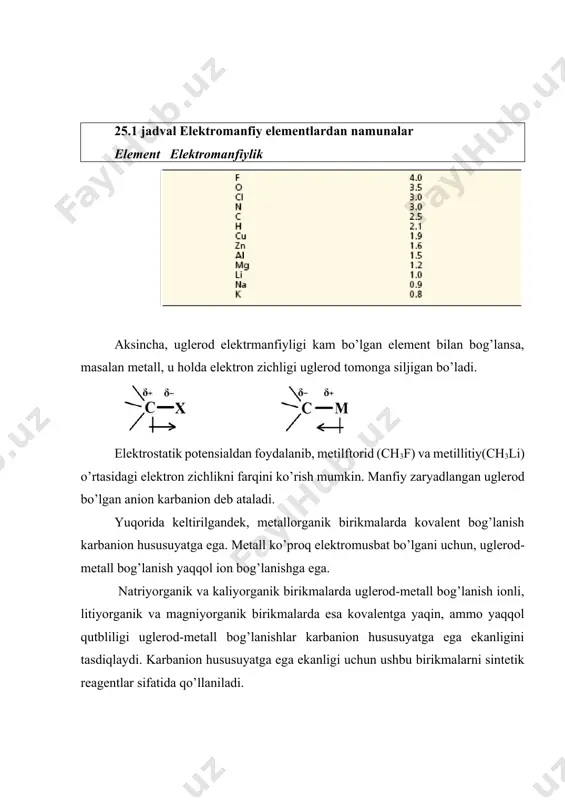 ab, uglerod bilan bog’lanadi. shuning uchun izopropenilbromiddan izopropenillitiy hosil bo’lishi kerak. izopropenil bromid litiy litiyizopropenil litiybromid galoidalkillar bilan reaksiyalar metall yuzasida ketadi. birinchi bosqichda elektron metaldan galoid alkil tomoniga siljiydi. alkilgalogen litiy anion radikali litiy kationi bitta elektron qabul qilgan galoid alkil endi manfiy zaryadlanadi va toq elektron soniga ega bo’ladi. u anion radikali bo’ladi. qo’shimcha elektron antibog’langan orbitalni egallaydi. ushbu anion radikalining fragmentidan alkil radikal va galoid anioni hosil bo’ladi. anion radikali alkil radikali galogen anioni keyingi fragmentatsiyalarda alkil radikali litiy atomini oson biriktirib, metalorganik birikmani hosil qiladi. r · + li · r:li alkil radikal litiy litiyalkil organik kimyoda ko’proq ahamiyatga ega bo’lgan metalorganik reagentlar bu magniyorganik birikmalar. ular fransuz kimyogari viktor grinyar nomiga grinyar reagenti deb atalgan. grinyar magniydan organik birikmalar hosilalarni samarali olinish uslubini yaratdi va ularni spirtlar sintezida qo’lladi. ushbu yutuqlari uchun u 1912 yil kimyo fani bo’yicha nobel mukofotiga sazovor bo’lgan. grinyar reagenti organik …