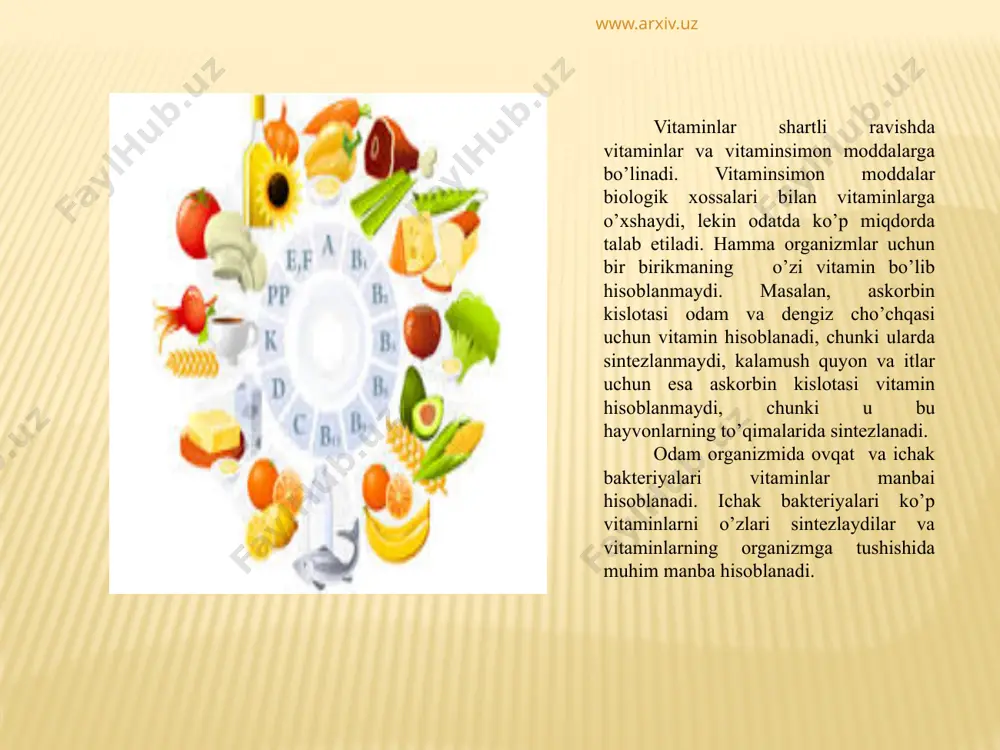 ntlar parchalanadilar va organizmdan turli metabolitlar ko’rinishida chiqarib yuboriladi. yog’da eriydigan vitaminlar ham katabolizmga uchraydi, lekin ular suvda eriydigan vitaminlarga nisbatan sekinroq parchalanadi. shu sababli ham ovqat bilan birga vitaminlar doimo kirib turishi kerak. vitaminlar disbalansi yetishmagan (manfiy balans) va ortiqcha (musbat balans) ko’rinishlarida namoyon bo’ladi. vitaminning qisman yetishmasligi gipovitaminoz, judayam tanqis bo’lishi – avitaminoz deb ataladi. bitta vitaminning yetishmasligi monogipovitaminoz, bir nechtasining yetishmasligi esa – poligipovitaminoz deb ataladi. osiyo, afrika va janubiy amerika davlatlarining ayrim hududlarida aholi bir xil o’simlik tabiatiga ega bo’lgan ovqat mahsulotlarini iste’mol qilganda avitaminoz holatlari uchraydi. to’qimalarda vitaminlarning ortiqcha to’planishi gipervitaminoz deb ataladi. u yog’da eriydigan vitaminlar uchun xos. www.arxiv.uz www.arxiv.uz mohichexra ' ^a vitamini hayvon va odam organizmining o'sishi va rivojlani-shida, hujayralarning bo'linib ko'payishida, epiteliy to'qimasi-ning (terining ustki qavati, nafas yo'llari, ovqat hazm qilish organ-larining ichki shilliq qavati) funksional holatini normal saqlashda, ko'z o'tkirligining yaxshi bo'lishini ta'minlashda muhim aha-miyatga ega. \/ organizmda bu vitamin …