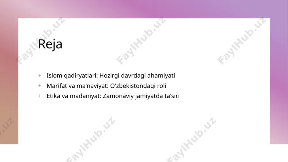qarorlikni ta'minlashda muhimdir. ular, ijtimoiy muammolarni hal etishga yordam beradigan axloqiy asoslarni yaratadi. marifat va ma'naviyat: o'zbekistonda ta'lim tizimidagi o'rni. 01 ma'rifatning ahmiyati ma'rifat, o'zbekistonda ta'lim tizimining asosiy poydevori bo‘lib, yoshlarni zamonaviy bilimlar bilan ta'minlaydi va ularning fikrini kengaytiradi. 02 ma'naviyat va ta'lim ma'naviyat, ta'lim jarayonida insoniy qadriyatlarni rivojlantirishda muhim rol o'ynaydi, shuningdek, o‘quvchilarda axloqiy me'yorlarni shakllantiradi. 03 o'zbekistonda yangiliklar o'zbekistonda ta'lim tizimida ma'rifat va ma'naviyatni rivojlantirish uchun zamonaviy dasturlar va loyihalar amalga oshirilmoqda, bu esa ta'lim sifatini oshiradi. 04 kelajakda rivojlanish ma'rifat va ma'naviyatni ta'lim tizimiga kiritish, o'zbekistonning kelajagini mustahkamlashga yordam beradi, yosh avlodni yaxshi axloq va bilim bilan tarbiyalaydi. islom qadriyatlari va zamonaviy ma'naviyat: o'zbekistondagi muvozanat. 1 islomiy ma'naviyat islomiy qadriyatlar, insonni ma'naviy jihatdan rivojlantirib, axloqiy asoslar yaratishda muhim rol o'ynaydi, bu esa zamonaviy hayotda muvozanatni ta'minlaydi. 2 zamonaviy ta'lim o'zbekistonda zamonaviy ta'lim tizimi, islomiy qadriyatlarni o'zida mujassam etib, yosh avlodni ma'naviy va axloqiy jihatdan shakllantirishga qaratilgan. 3 …