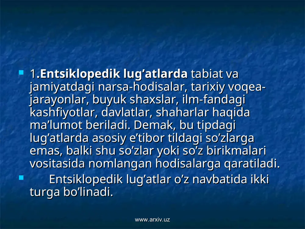 ev, 1995), "o’zbek tili tasviriy ifodalarining izohli lug’ati" (r.rasulov, i.umirov, 1997), hozirgi o’zbek tili faol so’zlarining izohli lug’ati (a.hojiyev, a.nurmonov, s.zaynobiddinov, k.kokren, m.saidxonov, a.sobirov, d.quronov, 2001), "turkcha-o’zbekcha, o’zbekcha-turkcha lug’at" (nizomiddin mahmud, ertug’ul yaman, 1993) shular jumlasidandir. www.arxiv.uz www.arxiv.uz tanlangan tillar miqdoriga ko’ra lug’atlar bir tilli, ikki tilli va ko’p tilli bo’ladi: "adabiyotshunoslik terminlari lug’ati" (h.homidiy, sh.abdullaeva, s.ibrohimova, 1967) bir tilli; "ruscha-o’zbekcha va o’zbekcha-ruscha geografiya terminlari lug’ati" (h.h.xasanov, 1964), "adabiyotshunoslikdan qisqacha ruscha-o’zbekcha terminologik lug’at" (n.t.hotamov, 1969), "ruscha-o’zbekcha botanika terminlarining qisqacha izohli lug’ati" (q.z.zokirov, m.n.nabiev, o’.pratov, h.a.jamolxonov, 1963), "ruscha-o’zbekcha lug’at" (v.v.reshetovning umumiy rahbarligida, 1972) kabilar ikki tilli; "lotincha-o’zbekcha-ruscha normal anatomiya lug’ati" (a.a.asqarov, h.z.zohidov, 1964). "botanikadan ruscha-o’zbekcha entsikopedik lug’at"ga (q.z.zokirov, h.a.jamolxonov) ilova qilingan "botanik nom va terminlarning o’zbekcha-ruscha-lotincha so’zligi" (201-254-betlar) hamda "botanik nom va terminlarning lotincha-ruscha-o’zbekcha so’zligi" (255-294-betlar), "zoologiya entsiklopediyasi"ga (t.z.zohidov) ilova qilingan "sut emizuvchilarning o’zbekcha-lotincha-ruscha nomlari" (1960, 210-228 betlar) hamda "suvda va quruqlikda yashovchilar va sudralib yuruvchilarning o’zbekcha-lotincha-ruscha nomlari" (1969, 195-226 betlar) …