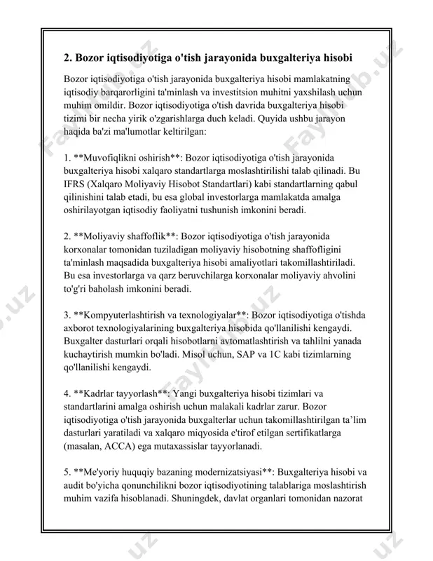 ya hisobi iqtisodiyotni erkinlashtirish jarayonida ishlatiladigan yaxshi moliyaviy amaliyotlarni targ‘ib qiladi. jo‘rqich hisobot va audit tizimlari yuqori sifatida buxgalteriya hisobining asosi hisoblanadi. ushbu tizimlar biznes muhitining shaffofligi va ishonchliligini oshiradi. bunda, korxonalarning moliyaviy hisobotlari orqali investorlarga, kreditorlarga va boshqa manfaatdor tomonlarga aniq ma’lumotlar taqdim etiladi. iqtisodiyotni erkinlashtirishning asosiy maqsadlaridan biri bo‘lgan privatizatsiyani amalga oshirishda ham buxgalteriya hisobi muhim rol o‘ynaydi. masalan, davlat mulkini xususiylashtirish jarayonida ob’ektlarning haqiqiy qiymatini aniqlash va baholash zarur bo‘lganda, buxgalteriya hisobidan foydalaniladi. uchinchidan, buxgalteriya hisobi korxonalarning soliq majburiyatlarini aniqlashga yordam beradi. iqtisodiyotni erkinlashtirish jarayonida soliq siyosati ham qayta ko‘rib chiqiladi. korxonalar o‘z daromadlari bo‘yicha hisob-kitoblarni to‘g‘ri yuritganda, soliq yuki aniqlanib, korxonalarning moliyaviy ahvoli yaxshilanadi. bu esa o‘z navbatida iqtisodiyotda barqarorlikni ta’minlashga ko‘mak beradi. shu sababli, hisob-kitoblar ochiqligi va ishonchliligi iqtisodiyotdagi soliq yig‘imining samaradorligini oshiradi. to‘rtinchidan, buxgalteriya hisobi boshqaruv qarorlarini qabul qilishda yordam beradi. erkinlashtirish jarayonida korxonalar o‘zlarining iqtisodiy holatini mustaqil tahlil qilish va shu asosda boshqaruv …