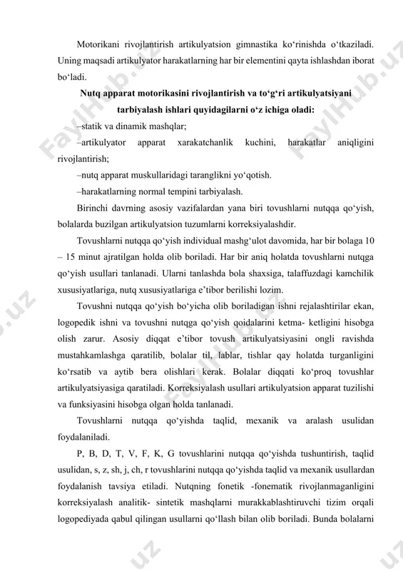 ulidan, s, z, sh, j, ch, r tovushlarini nutqqa qo‘yishda taqlid va mexanik usullardan foydalanish tavsiya etiladi. nutqning fonetik -fonematik rivojlanmaganligini korreksiyalash analitik- sintetik mashqlarni murakkablashtiruvchi tizim orqali logopediyada qabul qilingan usullarni qo‘llash bilan olib boriladi. bunda bolalarni nutq organlari artikulyatsiyasiga ongli yondoshishga, o‘z talaffuzini nazorat qilishga, nutqqa qo‘yilgan tovushlarnigina emas, balki nutqdagi barcha tovushlarni aniq va to‘g‘ri talaffuz etishga, tovushlarni hosil bo‘lish o‘rni va jarangdorligiga ko‘ra tasniflab berishga o‘rgatish lozim. bunday tayyorgarlik ishlaridan so‘ng bolalarda tovush analizi operatsiyasini shakllantirishga, ya’ni bo‘g‘in va so‘zlarda tovushlarni ajrata bilishga o‘rgatiladi. korreksion ishning ii davrida olib boriladigan logopedik ishlar mazmuni korreksion ta’limning ii davrida tovushlarni nutqqa qo‘yish davom ettiriladi, nutqqa qo‘yilgan tovushlarni nutqda mustahkamlash; eshitish idrokini rivojlantirish; tovush analizi va sintezini shakllantirish: a) so‘zda tovush o‘rnini topish (so‘z boshida, o‘rtasida, oxirida); b) so‘zlarda tovushlar soni va ketma- ketligini aniqlash; nutqning leksik grammatik tomonini boyitish va rivojlantirish bo‘yicha logopedik ish olib boriladi. ushbu davrda …
