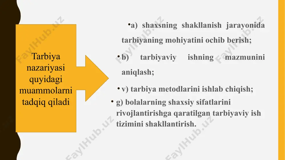 holda, tarbiyaning bolaga qanday ta’sir koʻrsatishini yoki qachon oʻzining natijasini berishini oldindan aniqlab boʻlmaydi. chunki kishi hayoti davomida unga turli omillarning ta’siri kuchayib yoki susayib turishi mumkin. shuningdek, tarbiya natijasi tarbiyalanuvchining xarakteri, temperamentiga ham bog‘liq boʻlishini unutmasligimiz zarur. 6. tarbiya jarayonining ikki tomonlama jarayon ekanligi. bu jarayonda tarbiyalanuvchining oʻzi ham faqat obyekt boʻlmasdan, subyekt sifatida ham ishtirok etishini bildiradi. bolaning xohish-istagi, qiziqish va imkoniyatlari ham inobatga olingan taqdirdagina tarbiya samarali kechishi mumkin. tarbiyaning asosiy tamoyillari va turlari majburiylik. tarbiya tamoyili – bu maslahat, tavsiya emas; ular majburiy va toʻliq amaliyotga tatbiq etilishi talab qilinadi. komplekslilik. tamoyillar komplekslilikni talab qiladi va tarbiya jarayonining barcha bosqichlarida alohida, navbatma – navbat emas, bir vaqtning oʻzida qoʻllaniladi ahamiyati jihatidan tenglik. tarbiya tamoyillari umumiy fundamental qoidalar singari teng ahamiyatlidir. ular orasida birinchi boʻlib amalga oshirishni talab qiluvchi asosiylari va ertangi kunga qoldirish mumkin boʻlgan ikkinchi darajalilari yoʻq tamoyillarga qoʻyiladigan talablar tarbiyaning asosiy tamoyillari tarbiyaning ijtimoiy …