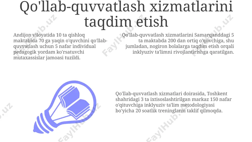 dagi maxsus ehtiyojli bolalar uchun maktabda 10 ta interaktiv oʻyin dasturi joriy etilgandan soʻng, bolalarning oʻzlashtirish darajasi va motivatsiyasi 25% ga oʻsdi, bu esa inklyuziv ta’limini rivojlantirishda texnologiyaning muhim rolini aks ettiradi. inklyuziv ta’limda 20 dan ortiq oʻquvchilarga onlayn darslarni oʻtkazishda zoom yoki google meet kabi platformalardan foydalanish samaradorligini 30% ga oshirish mumkin, bu esa toshkentdagi maktablar tajribasida tasdiqlangan. to'siqlarni bartaraf etish samarqand viloyatida o'tkazilgan tadqiqotlar shuni ko'rsatdiki, inklyuziv ta'limga o'tish jarayonida 70% to'siqlarni moliyaviy resurslarning yetishmasligi va 30% esa o'qituvchilarning tayyorgarligi yetarli emasligi bilan bog'liq. 2000-yillardan boshlab, o'zbekistonning 12 ta viloyatida inklyuziv ta'limni rivojlantirish bo'yicha 5 ta yirik loyiha amalga oshirildi, bu esa 3000 dan ortiq nogiron bolaning ta'lim olish imkoniyatlarini kengaytirdi. inklyuziv ta'limga to'sqinlik qiluvchi omillarni bartaraf etish uchun, respublikamizning 5 ta shaharida 100 dan ortiq maxsus o'quv markazlari ochildi, bu yerda 2000 ga yaqin o'qituvchi malaka oshirdi. inklyuziv sinf xonasini yaratish inklyuziv sinf xonasini yaratishda, 5 yoshdan …