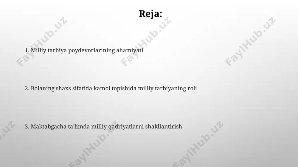 ti o'rganiladi, bolalarning milliy ongiga ta'sir ko'rsatadi. ona tili va adabiyoti ona tili va adabiyoti darslarida 5-6 yoshli bolalar uchun 200 dan ortiq she’r va ertaklar, jumladan alisher navoiy va abdulla qodiriy asarlaridan parchalarning o'qilishi samarqanddagi ta'lim muassasalarida qo'llaniladi. prezident farmonlariga asosan, ona tili va adabiyoti fanidan 3 yoshdan boshlab boshlang'ich bilim berish, 2023-yil ma'lumotlariga ko'ra, toshkent shahrida 150 dan ortiq maktabgacha ta'lim muassasalarida amalga oshirilmoqda. kelajak avlodni voyaga yetkazish 2023 yilda toshkent shahrida amalga oshirilgan dasturda, milliy an'analar va urf-odatlarni o'rganish orqali bolalarning o'z-o'zini anglashi va vatanparvarlik tuyg'ularini 15% ga kuchaytirishga qaratilgan. “kelajak avlodni voyaga yetkazish” milliy tarbiya asoslarini maktabgacha ta'lim muassasalarida 5-6 yoshli bolalarga singdirish, ularning 70% ga yaqinini maktabga tayyorlashda muhim ahamiyatga ega. milliy an'analar va urf-odatlar o'zbekistonning 12 viloyatida milliy an'analar va urf-odatlarga asoslangan 30 dan ortiq bolalar bog'chasi mavjud bo'lib, ular bolalarni xalq og'zaki ijodiga, musiqasiga va raqslariga o'rgatadi. milliy liboslar, taomlar va hunarmandchilik turlarini …