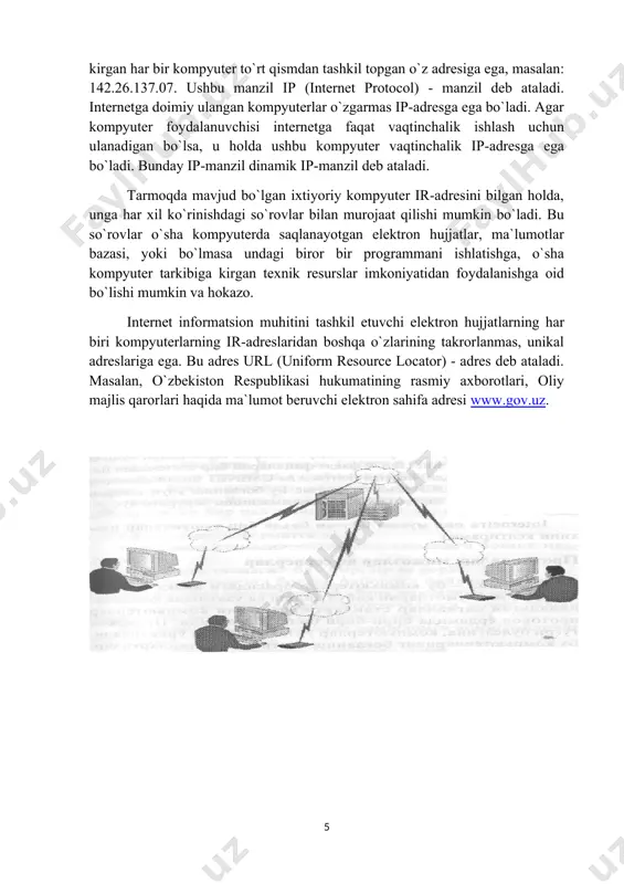 bo`ladi. bu so`rovlar o`sha kompyuterda saqlanayotgan elektron hujjatlar, ma`lumotlar bazasi, yoki bo`lmasa undagi biror bir programmani ishlatishga, o`sha kompyuter tarkibiga kirgan texnik resurslar imkoniyatidan foydalanishga oid bo`lishi mumkin va hokazo. internet informatsion muhitini tashkil etuvchi elektron hujjatlarning har biri kompyuterlarning ir-adreslaridan boshqa o`zlarining takrorlanmas, unikal adreslariga ega. bu adres url (uniform resource locator) - adres deb ataladi. masalan, o`zbekiston respublikasi hukumatining rasmiy axborotlari, oliy majlis qarorlari haqida ma`lumot beruvchi elektron sahifa adresi www.gov.uz. i.2. php: gipermatn protsessori php –vebserverda html-sahifalarini ma`lumotlar bazasi bilan birgalikda hosil qilish uchun yaratilgan dasturlash tili. hozirgi vaqtda xosting provayderlarninig asosiy qismi tomonidan quvvatlanadi. lamp-veb-saytlarni yaratish uchun standart to`plam (linix,apache,mysql,php) tarkibiga kiradi. php nomi “php: hypertext preprocessor”so`zlarining qisqartmasidan iborat. ilgari“ personal home page tools”so`zlarining qisqartmasi hisoblanar edi. dastlab php veb-sahifalarni yaratishda yengillik yaratish uchun perl ga qo`shimcha sifatida yaratilgan. tarmoqda dasturlash sohasida php-eng ommalashgan skrept tillardan biri hisoblanadi. php o`zining oddiyligi bajarilish tezligi,boy funksionalligi,dastur kodini php …