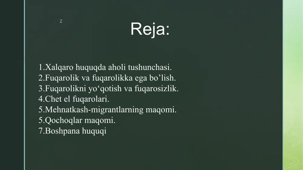 ilagan. masalan, 1992-yilgi 0 ‘zbekiston respublikasining “o’zbekiston respublikasi fuqaroligi to ‘g ‘risida’:gi qonun va boshqalar. o‘zbekiston respublikasining fuqarolik to ‘g‘risidagi qonunlari o ‘zbekiston respublikasining konstitutsiyasi asosida qabul etilgan ushbu qonundan va 0 ‘zbekiston respublikasining shu qonunga muvofiq chi qari lad igan boshqa qonun hujjatlaridan iboratdir. mazkur qonunning 1-moddasiga ko;ra 0 ‘zbekiston respublikasining fuqaroligi shaxs bilan davlatning doimiy siyosiy-huquqiy aloqasini belgilaydi, bu aloqa ularning o ‘zaro huquqlari va burchlarida ifodalanadi. z fuqarolikka ega bo‘lish usullari ikkita asosiy guruhga bo ‘linadi. birinchi guruhda fuqarolikka ega bomish sabablari quydigicha: - tug’ilganligi uchun; - naturalizatsiya, y a ’ni fuqarolikka qabul qilinganligi uchun. ikkinchi guruh esa in’om etish yoki istisno tariqasida: - trasfert (katta aholi guruhlariga avtomatik ravishda fuqarolikni taqdim etish); - optatsiya (fuqarolikni tanlashda); - reintegratsiya (fuqarolikni tiklashda); - fuqarolikni in’om etishda. z z qon huquqi prinsipi qon huquqi prinsipi tuproq huquqi prinsipi tuproq huquqi prinsipi qo‘llanilganda, fuqarolik tug‘iigan bolaning ota-onasi fuqaroligiga qarab beriladi. …