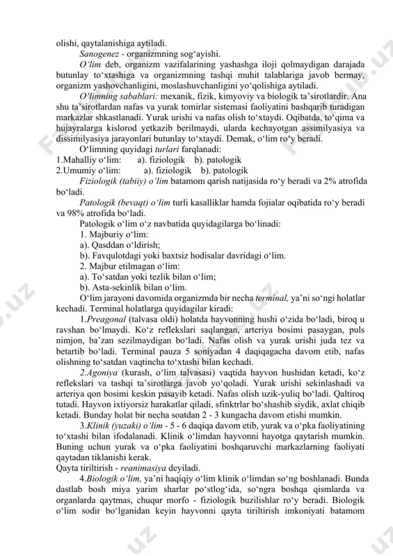 lar qirqiladi. tanadan yurak ajratib olinadi va u petri kasochasidagi ringer eritmasiga solinadi, bir daqiqa davomida yurak qisqarish soni (chastotasi) aniqlanadi va quyidagilar navbatma-navbat bajariladi: a). petri kasochasidagi ringer eritmasiga adrenalin suyuqligidan 2-3 tomchi qo‘shiladi; b). bir daqiqa davomida yurak qisqarish soni (chastotasi) aniqlanadi; v). petri kasochasidagi ringer eritmasiga o‘t suyuqligini 2-3 tomchi qo‘shiladi; g). bir daqiqa davomida nafas qisqarish soni (chastotast) aniqlanadi; d). olingan natijalar tajriba bayoniga yoziladi. kasallik - organizmning zararli ta’sirotlarga nisbatan murakkab, ko‘proq moslanuvchan javob reaksiyasi bo‘lib, organizm bilan muhit o‘rtasidagi o‘zaro munosabatning buzilishidan vujudga keladi, hamda hayvonlar mahsuldorligi va iqtisodiy samaradoligining pasayishi bilan ifodalanadi. ko‘pgina kasalliklarning kechishida quyidagi to‘rtta davrni farqlash mumkin: 1.yashirin yoki latent davr. yuqumli kasalliklarda inkubatsion davr deyiladi. bu davr kasallik paydo qiluvchi agentning organizmga ta’sir qila boshlagan yoki kirgan paytidan to kasallikning birinchi alomatlari yuzaga chiqishigacha o‘tgan davrdir. yashirin davr bir necha daqiqa yoki soatdan bir necha oy va yilgacha cho‘zilishi …
