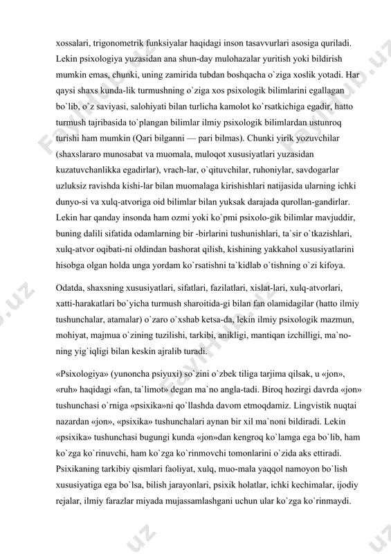 gilar (hatto ilmiy tushunchalar, atamalar) o`zaro o`xshab ketsa-da, lekin ilmiy psixologik mazmun, mohiyat, majmua o`zining tuzilishi, tarkibi, anikligi, mantiqan izchilligi, ma`no-ning yig`iqligi bilan keskin ajralib turadi. «psixologiya» (yunoncha psiyuxi) so`zini o`zbek tiliga tarjima qilsak, u «jon», «ruh» haqidagi «fan, ta`limot» degan ma`no angla-tadi. biroq hozirgi davrda «jon» tushunchasi o`rniga «psixika»ni qo`llashda davom etmoqdamiz. lingvistik nuqtai nazardan «jon», «psixika» tushunchalari aynan bir xil ma`noni bildiradi. lekin «psixika» tushunchasi bugungi kunda «jon»dan kengroq ko`lamga ega bo`lib, ham ko`zga ko`rinuvchi, ham ko`zga ko`rinmovchi tomonlarini o`zida aks ettiradi. psixikaning tarkibiy qismlari faoliyat, xulq, muo-mala yaqqol namoyon bo`lish xususiyatiga ega bo`lsa, bilish jarayonlari, psixik holatlar, ichki kechimalar, ijodiy rejalar, ilmiy farazlar miyada mujassamlashgani uchun ular ko`zga ko`rinmaydi. psixologiya fanining keyingi davrdagi taraqqiyoti ular o`rtasida bir talay ta-fovutlarni keltirib chiqardi. psixika to`g`risida dastlabki tasavvurga ega bo`lish uchun dastavval psixik hodisalar mohiyati bilan tanishamiz. odatda, psixik hodi-salar deganda ichki, subyektiv tajriba faktlarning (voqelikning) namoyon bo`lishi tushuniladi, boshqacha …