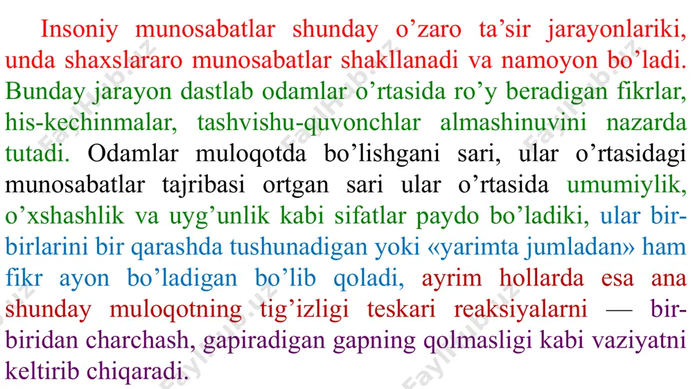 — birgalikda chiqarish ehtiyoji paydo bo’lganligini hisobga olsak, odamlarning muomala madaniyati va muloqot texnikasi mehnat unumdorligi va samaradorlikning muhim omillaridandir. 3. insoniy muomala va muloqotning psixologik vositalari. odamlar bir-birlari bilan muomalaga kirishar ekan, ularning asosiy ko’zlagan maqsadlaridan biri — o’zaro bir-birlariga ta’sir ko’rsatish, ya’ni fikr — g’oyalariga ko’ndirish, harakatga chorlash, ustanovkalarni o’zgartirish va yaxshi taassurot qoldirishdir. psixologik ta’sir — bu turli vositalar yordamida insonlarning fikrlari, hissiyotlari va xatti-harakatlariga ta’sir ko’rsata olishdir. psixologik ta’sirning asosan uch vositasi farqlanadi. paralingvistik ta’sir — bu nutqning atrofidagi nutqni bezovchi, uni kuchaytiruvchi yoki susaytiruvchi omillar. noverbal ta’sir bu «nutqsiz» ta’sirdir. verbal ta’sir — bu so’z va nutqimiz orqali ko’rsatadigan ta’sirdir. muloqot jarayonidagi xarakterli narsa shundaki, suhbatdoshlar bir-birlariga ta’sir ko’rsatmoqchi bo’lishganda, dastavval nima deyish, qanday so’zlar vositasida ta’sir etishni o’ylar ekan. aslida esa, o’sha so’zlar va ular atrofidagi harakatlar muhim rol o’ynarkan. masalan, mashhur amerikalik olim albert megrabyan formulasiga ko’ra, birinchi marta ko’rishib turgan suhbatdoshlardagi taassurotlarning …