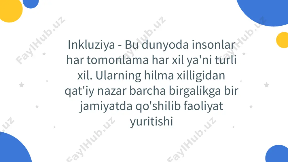 nklyuziv taʼlimni tashkil etish tartibi toʼgʼrisida nizom segregatsiya ta’lim modullari eksklyuziya integratsiya inklyuziv eksklyuziya – (lot. exclusio istisno qilish) bola ta’lim olishda qiyinchiliklarga uchraganligi uchun mos ta’limni taqdim etish imkoni bo‘lmaganligi sababli ta’limdan chetlatish holati. segregatsiya - (lot. segregatio — izolyatsiya qilish, olib tashlash, ajratish) — kundalik hayotda odamlarni irqiy, etnik yoki boshqa guruhlarga majburan ajratish. xvii asr o‘rtalari nogironligi bo‘lgan shaxslar uchun ilk maktablar xvii asr o‘rtalari arnbb enbb knbb 1877 1806 1784 rossiya parij aqsh valentin gayui xansen va lippestad imperator pavl i mariya fedorovna 1892-yilda norvegiya “majburiy maktab taʼlimi toʻgʻrisida”gi qonunni qabul qilib, barcha maktablarni, shu jumladan, korreksion maktablarini ham davlat nazoratiga oʻtkazdi. natijada, norvegiya va saksoniya evropada aqli zaif shaxslarni o‘qitish majburiy bo‘lgan yagona davlatlarga aylanadi. o‘zbekistondagi ilk maxsus maktab va maktab-internatlari o‘zbekistondagi ilk maktab ko‘rishida va eshitishida nuqsoni bo‘lgan bolalar 1920-yilda 20 nafar bolalardan iborat bo‘lgan 1935-yilda eshitishida nuqsoni bo‘lgan bolalar 1935-yilda aqli zaif bo‘lgan …
