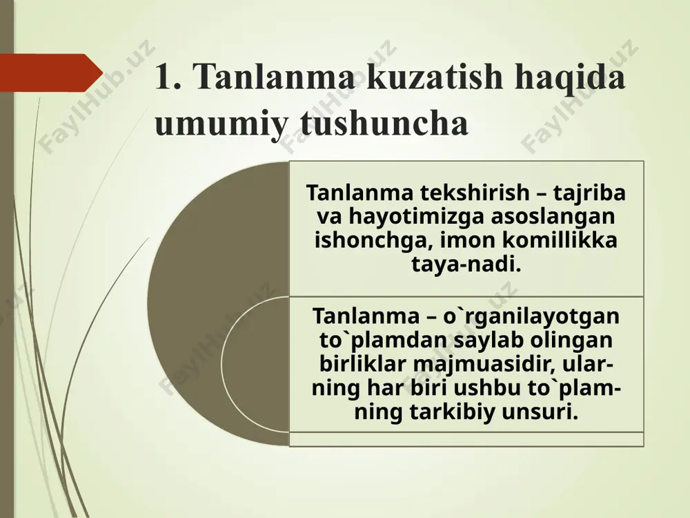 sh to`plamdan birliklarini (seriyalarini) tanlab olish prinsiplariga qarab tasodifiy, mexanik va kombinatsion tanlashlarga bo`linadi. bosh to`plamdan birliklar tasodifiy ravishda olinib tanlanma tuzilsa, u tasodifiy tanlash deyiladi. tasodifiy tanlash chek yoki qura tashlash yo`li bilan amalga oshiriladi. tasodifiy tanlash takrorlanuvchi yoki takrorlanmaydigan sxemalarda o`tkazilishi mumkin. agar tanlab olingan birlik (yoki seriya) tanlanmaga kiritilganidan (ya`ni zaruriy ma`lumotlar yozib olinganidan) keyin yana bosh to`plamga qaytarilsa va bundan keyingi tanlash jarayonlarida teng huquqda qatnashsa, tanlash tartibi takrorlanuvchi deb ataladi, aksincha, qaytarilmasa, takrorlanmaydigan sxema deb yuritiladi. asl ma`noda tasodi -fiy tanlash deb, bosh to`plamning birliklari uchun bab-barobar tanla- nish ehtimolini ta`min - lovchi usulga aytiladi . bosh to`plamdan birliklar (yoki seriyalar) ma`lum oraliqlarda tanlab olinsa va tanlanmaga kiritilsa bunday usul mexanik tanlash deb ataladi. oraliq kengligi (i) bosh to`plam hajmini (n) tanlanma hajmiga (n) bo`lish yo`li bilan aniqlanadi, ya`ni i=n:n mexanik tanlash deb bosh to`plam birliklarini ma`lum tartibda yozib chiqib, so`ngra belgilan - gan oraliqlarda …