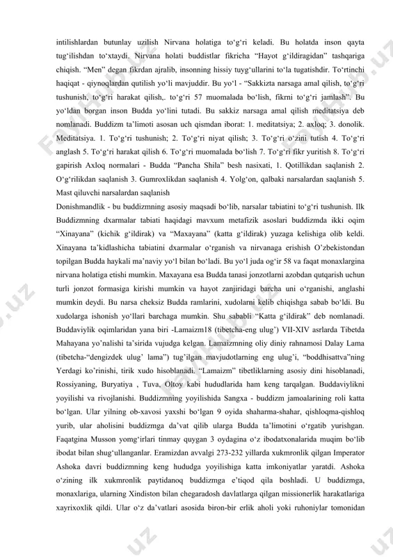 turli afsonalar ham to‘qilgan. bu afsonalarda aytilishicha, budda ko‘p yillar davomida еr yuzidagi turli mavjudotlar qiyofasida qayta tug‘ilgan: 84 marta ruhoniy, 58 marta podshox, 24 marta roxib, 13 marta savdogar, 18 marta maymun, 12 marta tovuq, 8 marta g‘oz, 6 marta fil shuningdek baliq, qurbaqa, kalamush, quyon kabi qiyofalarda qayta tug‘ilgan. jami 550 marta qayta tug‘ilgan. u doimo qayerda, qay qiyofada tug‘ilishini o‘ziga o‘zi belgilagan. so‘nggi marta uni xudolar insoniyatni to‘g‘ri yo‘lga boshlashi uchun inson qiyofasida yaratganlar. bu afsonalarning ba’zilariga ko‘ra еr yuzida gautamaga qadar 6 ta budda o‘tgan. shuning uchun buddizmning ba’zi muqaddas joylarida 7 ta ibodatxona barpo etilgan. 7 ta botxa daraxti o‘tkazilgan. ba’zi afsonalar 24 ta budda avlodi o‘tgan desa, ba’zilari minglab buddalar o‘tgan deb da’vo qiladi. buddizm ta’limoti, oqimlari. buddizm qadimiy xind diniy - falsafiy ta’limotlari asosida vujudga kelgan, amaliyot va nazariyotdan iborat diniy sistemadir. uning asosi “hayot - bu azob, uqubatdir” va “najot yo‘li mavjud” …