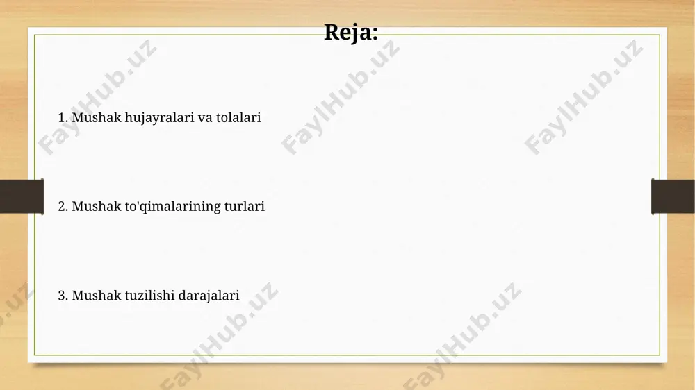 shgan bo'lib, ularni ingichka aktin filamentlari o'rab oladi, h-zona esa faqat miozin filamentlaridan iborat. mushak to'qimasining turlari ko'ndalang-targ'il mushak tolalari uzun, silindrsimon shaklda bo'lib, ko'p yadroli bo'ladi va har bir tolasi minglab miyofibrillalardan tashkil topgan bo'lib, tez va ixtiyoriy qisqarishni ta'minlaydi. silliq mushaklar hujayralari bir-biriga bog'langan, shpindelsimon shaklga ega va taxminan 20-500 mikrometr uzunlikda bo'ladi, sekin va ixtiyoriy bo'lmagan qisqarishni ta'minlaydi. mushaklarning innervatsiyasi mushak tolalarining innervatsiyasi motor neyronlarning aksonlari orqali amalga oshiriladi, har bir motor neyron o'rtacha 150 ta mushak tolasi bilan sinaps hosil qiladi. alfa-motor neyronlar tez tortishuvchi mushak tolalarini, gamma-motor neyronlar esa mushak shpindallarini innervatsiya qilib, mushak uzunligini monitoring qiladi. e'tiboringiz uchun rahmat @taqdimot_robot image7.jpg image8.jpg image9.jpg image10.jpg image11.jpg image12.jpg image13.jpg image3.png image4.png